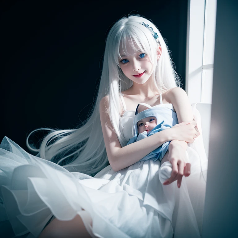 white hair,,Smile,Petite and delicate,Blue eyes,Black simple clothing,Well-behaved and cute,Innocence,Innocent,Indifferent expression,gentle,Evil girl,Contrast,fangs,fear,Dark background