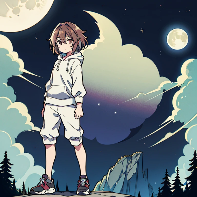 Cross fit body, male, feminine, astolfo like, wolf cut, brown hair, looking into the distance, at the edge of a cliff, full moon, forest behind him, viewer looking from the side, cute black hoodie, sport shoes, very dark, body illuminated by the moon, standing up, hair waving in the air, brown eyes, sharp eyes, alone, beige pants, full body, Only light coming from moon, Looking into the distance, dark, intense eyes,