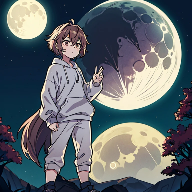 Cross fit body, male, feminine, astolfo like, wolf cut, brown hair, looking into the distance, at the edge of a cliff, full moon, forest behind him, viewer looking from the side, cute black hoodie, sport shoes, very dark, body illuminated by the moon, standing up, hair waving in the air, brown eyes, sharp eyes, alone, beige pants, full body, Only light coming from moon, Looking into the distance, dark, intense eyes,