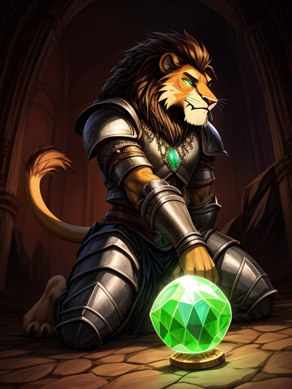 2d portrait, very detailed faces, anatomically correct, furry art, hypnotised barefoot Scar (Lion king) wearing black lather warrior armor, long pants, kneeling in front of large crystal ball, concentrating on a crystal orb with green hypnotic spiral, detailed nice big fox feet paws with short claws, in a trance, drooling, green glow in his eyes, hi res, detailed background, 8k hd,(dark shadows, wide dynamic range, hdr, low light:1.2), （Dynamic angles and pose:1.2)