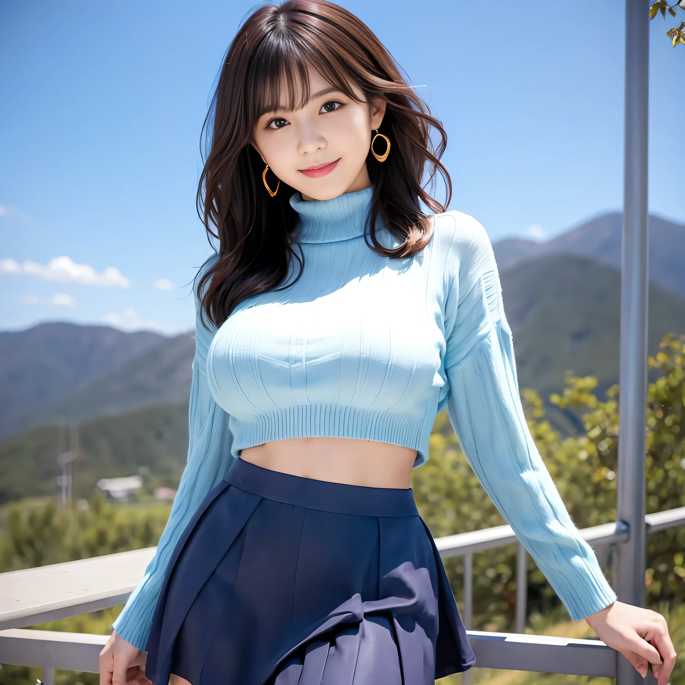 woman, 20-year-old, short black wavy hair、bangs、Plump nipples、(white turtleneck knit)、(blue long skirt), black stockings、medium milk, cute smile、((Pose that emphasizes the buttocks、looked back))、sexy hips、black high heels、big necklace、((((the wind blew my skirt, expose my panties...))))、(light blue lace panties)、cute earrings、(Please tilt your head slightly)