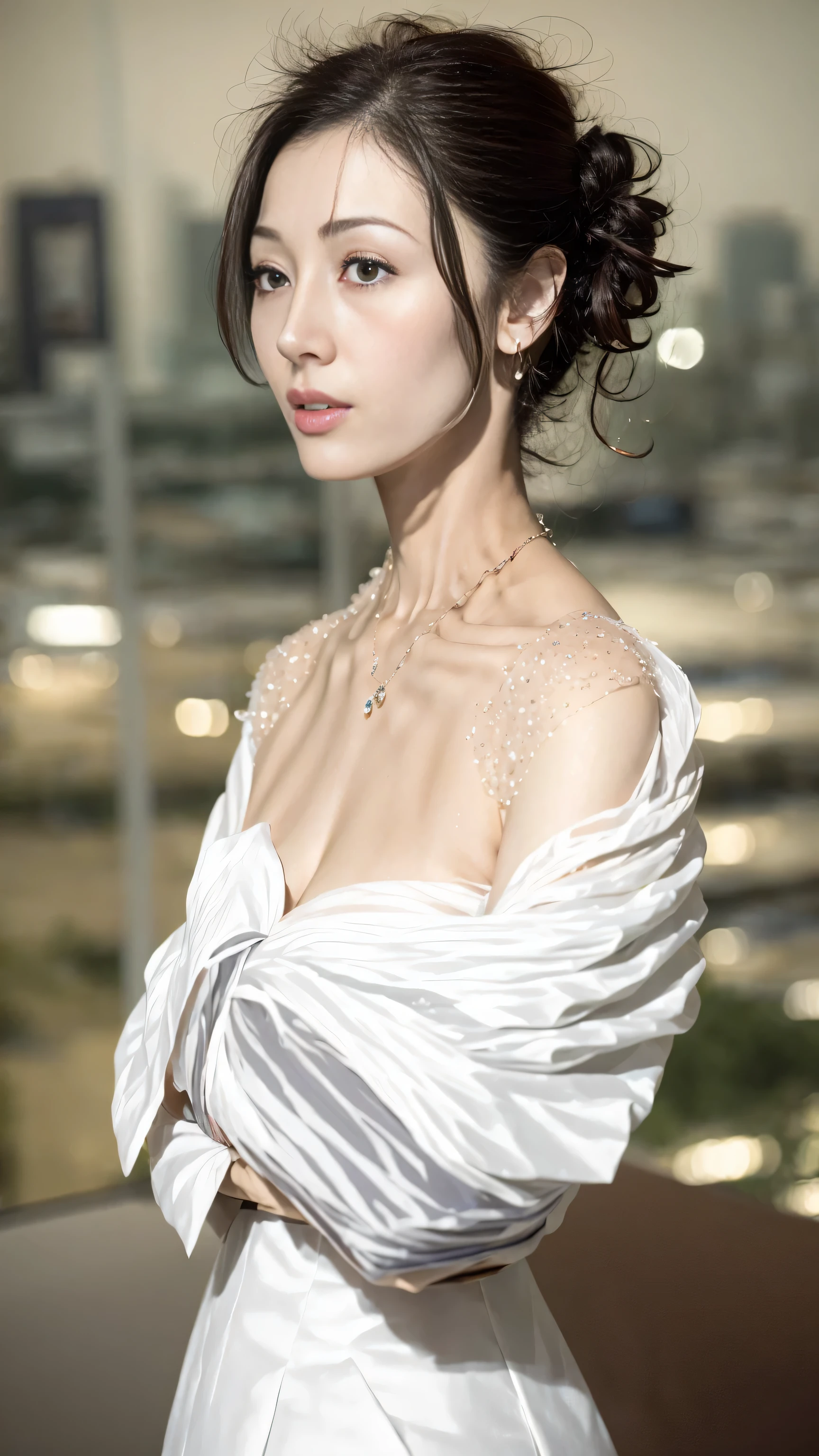 ((adilin))、casual gesture、(Extremely exquisite and beautiful work)、(Masterpiece)、a girl、Sophisticated and elegant wedding dress、tiao、Very detailed、contorted ponytail、一个charming expression、beautiful and clear eyes、green eyes、exquisite necklace、exquisite earrings、simple blurr background、extremely detailed description、beautiful turd、一个charming、Ultra-fine painting、delicate face、Exquisite figure、Thin Clavicle、beautiful lips、Soft rear view、Mix 4、(8k、original photography、top quality、Masterpiece:1.2), (actual, realism:1.37),1 girl in,charming,city View, night, rain, wet, professional lighting, photon mapping, radio city, Physically based rendering, above waist、nogizaka idol、korean idol、Posing like a gravure idol、actor、
