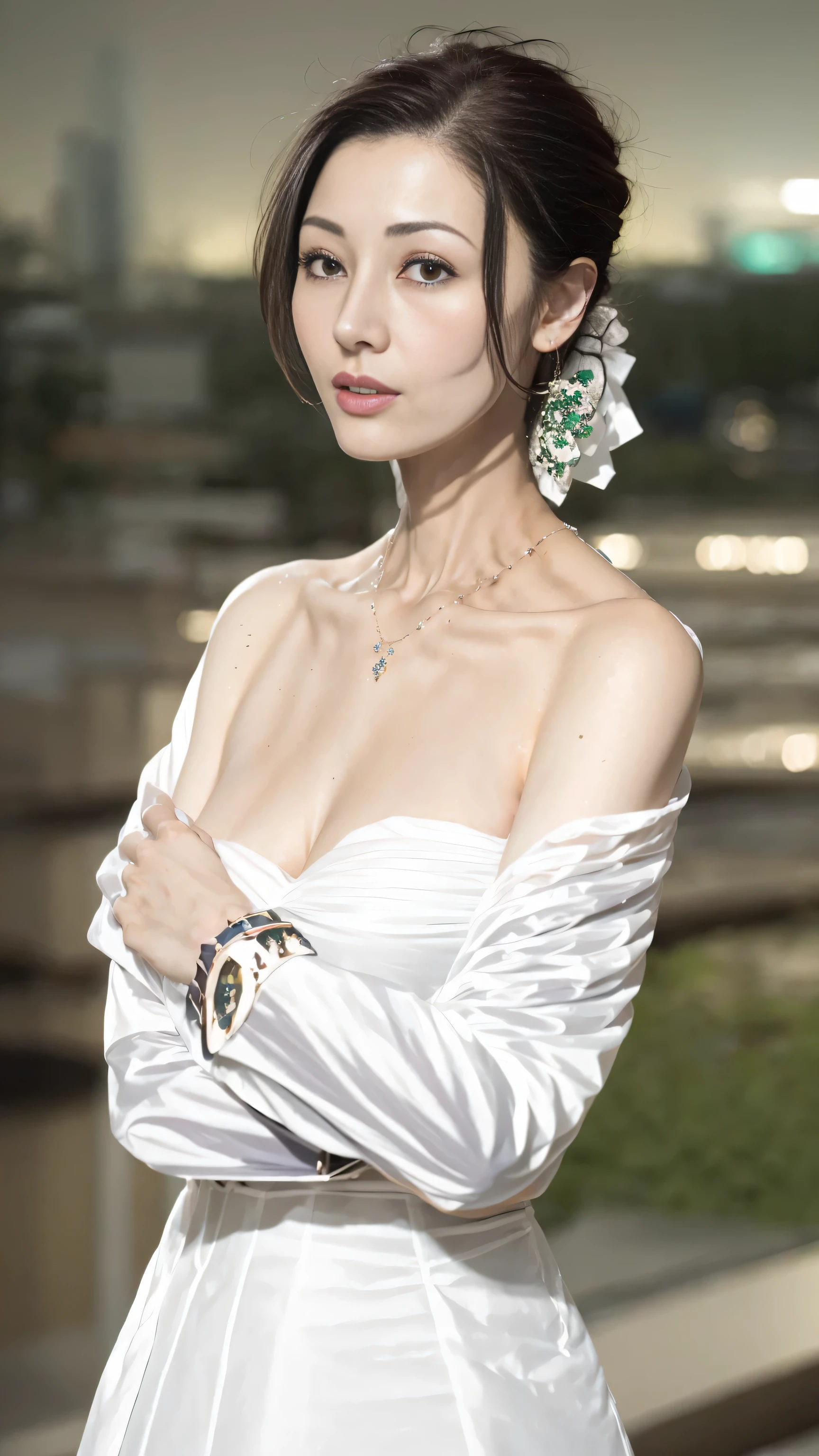 ((adilin))、casual gesture、(Extremely exquisite and beautiful work)、(​Masterpiece)、a girl、Sophisticated and elegant wedding dress、tiao、Very detailed、contorted ponytail、一个charming expression、beautiful and clear eyes、green eyes、exquisite necklace、exquisite earrings、simple blurr background、extremely detailed description、beautiful turd、一个charming、Ultra-fine painting、delicate face、Exquisite figure、Thin Clavicle、beautiful lips、Soft rear view、Mix 4、(8k、original photography、top quality、​Masterpiece:1.2), (actual, realism:1.37),1 girl in,charming,city View, night, rain, wet, professional lighting, photon mapping, radio city, Physically based rendering, above waist、nogizaka idol、korean idol、Posing like a gravure idol、actor、
