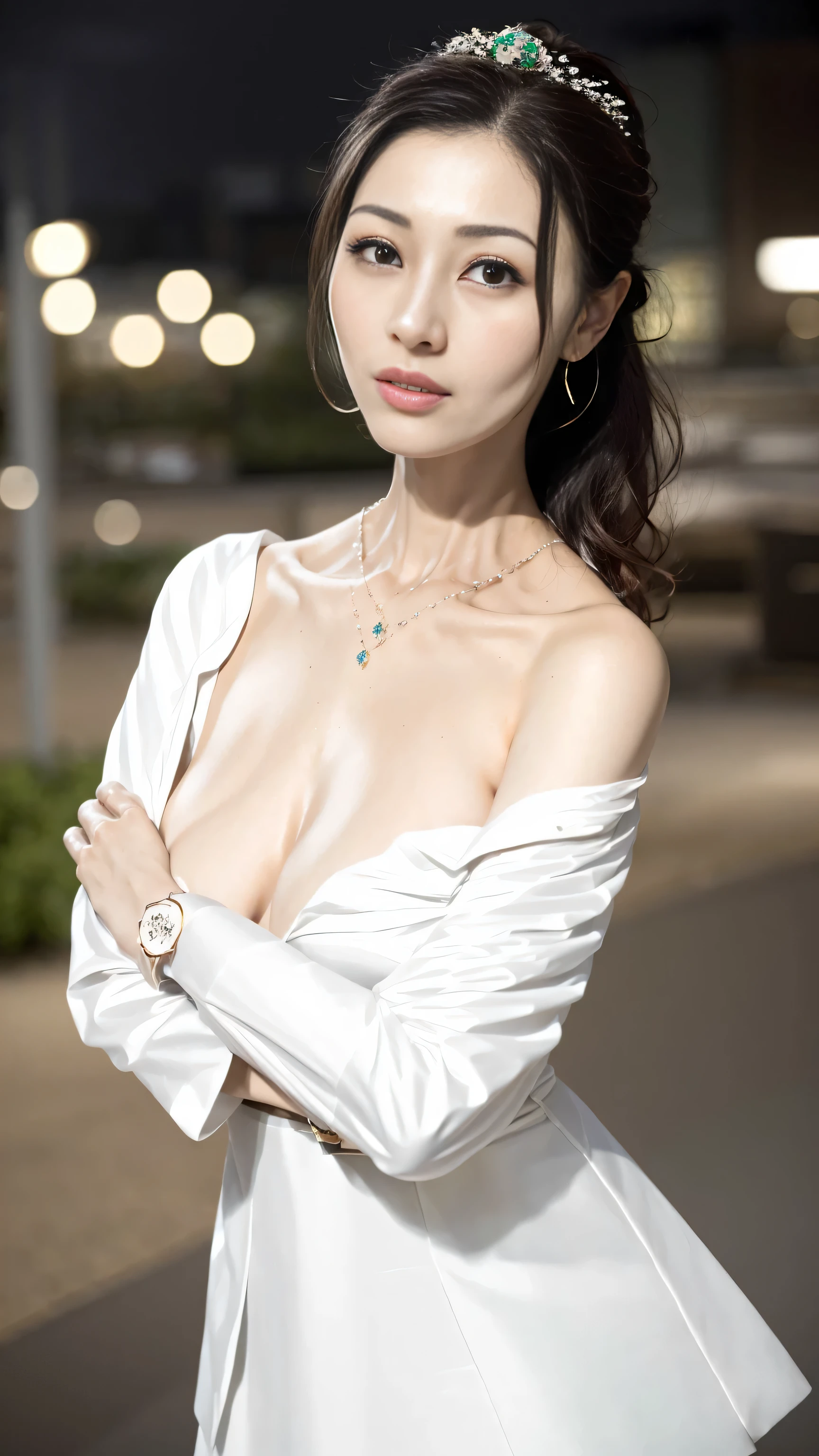 ((adilin))、casual gesture、(Extremely exquisite and beautiful work)、(​Masterpiece)、a girl、Sophisticated and elegant wedding dress、tiao、Very detailed、contorted ponytail、一个charming expression、beautiful and clear eyes、green eyes、exquisite necklace、exquisite earrings、simple blurr background、extremely detailed description、beautiful turd、一个charming、Ultra-fine painting、delicate face、Exquisite figure、Thin Clavicle、beautiful lips、Soft rear view、Mix 4、(8k、original photography、top quality、​Masterpiece:1.2), (actual, realism:1.37),1 girl in,charming,city View, night, rain, wet, professional lighting, photon mapping, radio city, Physically based rendering, above waist、nogizaka idol、korean idol、Posing like a gravure idol、actor、
