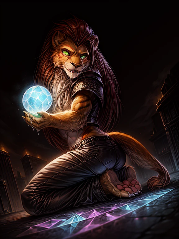 2d portrait, very detailed faces, anatomically correct, furry art, hypnotised barefoot Scar (Lion king) wearing black lather warrior armor, long pants, kneeling in front of large crystal ball, concentrating on a crystal orb with green hypnotic spiral, detailed nice big fox feet paws with short claws, in a trance, drooling, green glow in his eyes, hi res, detailed background, 8k hd,(dark shadows, wide dynamic range, hdr, low light:1.2), (Dynamic angles and pose:1.2)