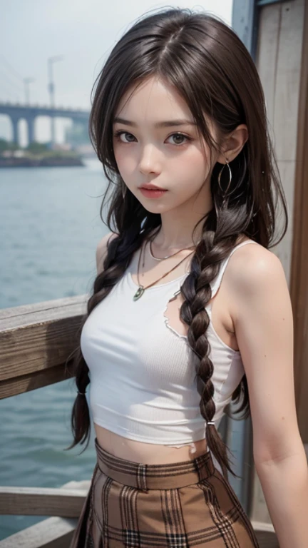 masterpiece,8k,(()),brown eyes, twin braids ,brown hair,((Cut and sew, checked pattern skirt,torn clothes)),(spread arms,handcuffs),((small breasts)) ,medium long hair,earrings, necklace,sweat, wet