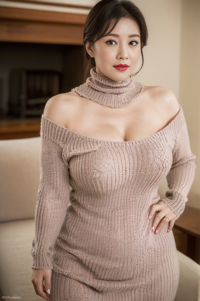 (high quality,ultra-detailed,realistic:1.37),(best quality,4k,8k,highres,masterpiece:1.2), plump figure,gigantic cleavage breasts,gigantic ass, a mistress over 48 years old, mature appearance, Gorgeous eyes, huge and wide hip, (high necked tight knitted dress:1.2)