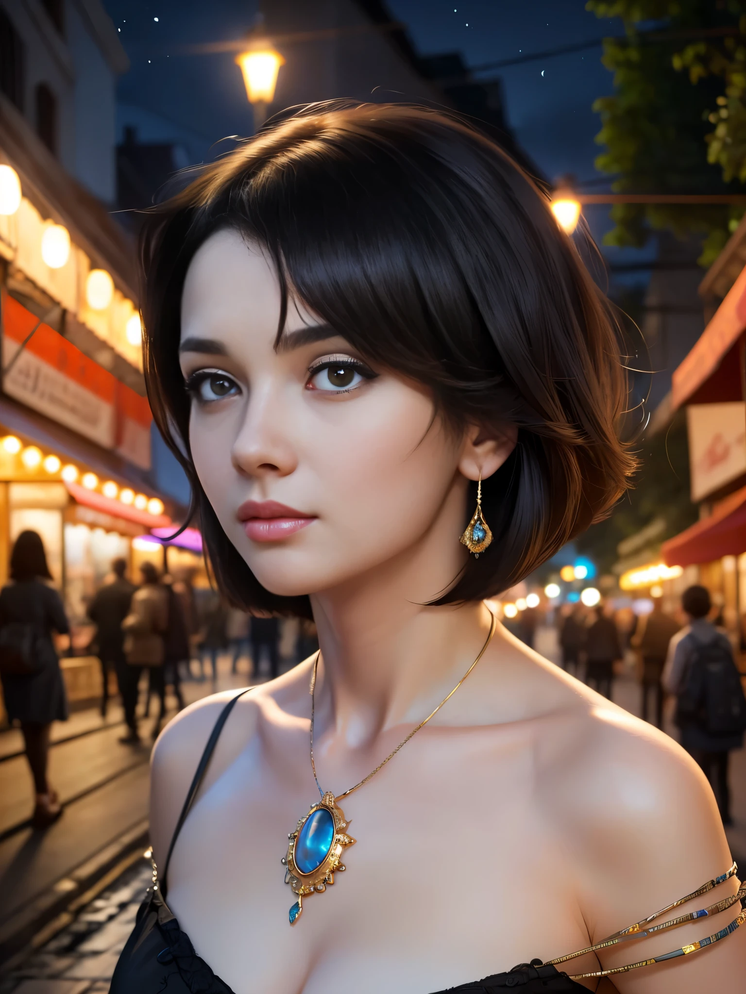 masterpiece, best quality, miranda, (halfbody shot,street lamps,moon),Masterpiece, 1girl, solo exhibition, beautiful woman on the bustling street, surrounded by hawkers, beautiful goddess girl portrait, beautiful and detailed face, porcelain skin, (((bust shot, center, night, black hair, short hair)), super soft lighting, symmetry, complexity, elegance, high detail, realism, art, concept art