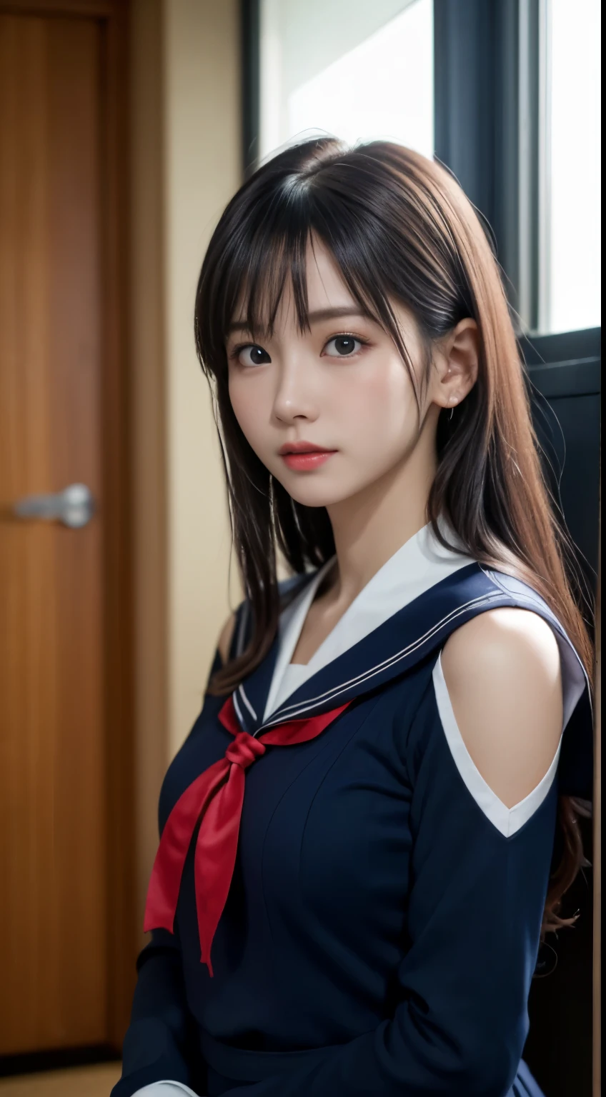 white see-through-blouse,interview, (photo Real:1.4), (hyper realistic:1.4), (realistic:1.3), (soft light:1.05), (Improve video lighting quality:0.9), 1 lady, an 18 year old female, Realistic lighting, backlight, facial light, Ray tracing, (Cheerful:1.2), (Improved image quality:1.4), (best quality real texture skin), narrow eyes, a small face, red cheeks, thin body, Mid-thoracic apical jaw,,,,,,,,, Japanese idol system, nogizaka idol, shiny skin, Posing a gravure idol, p, blunt bangs, black hair, hair behind ears, hair past shoulders, long hair,Tear bag,Summer plateau、No makeup、(Navy Blue Long Sleeve Sailor Uniform:1.2)