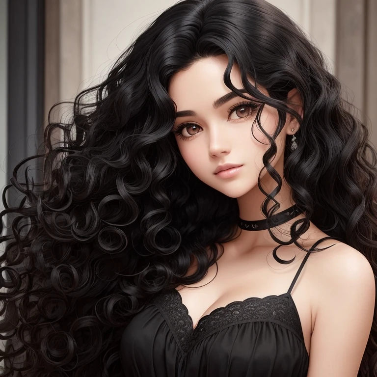 There is a woman, positioned from the front, face facing forward without inclination, looking forward, with long black hair and a black dress, detailed long black hair, hair texture, curly black hair, long black curly hair, long curly black hair, long curly black hair, long black curly hair, dynamic wavy hair, black curly hair, swirling black hair, wavy black hair, wavy black hair,  wavy black hair, detailed hair, curly dark hair, realistic hair, intricate long curly hair, with cute face, cute, cute girl 