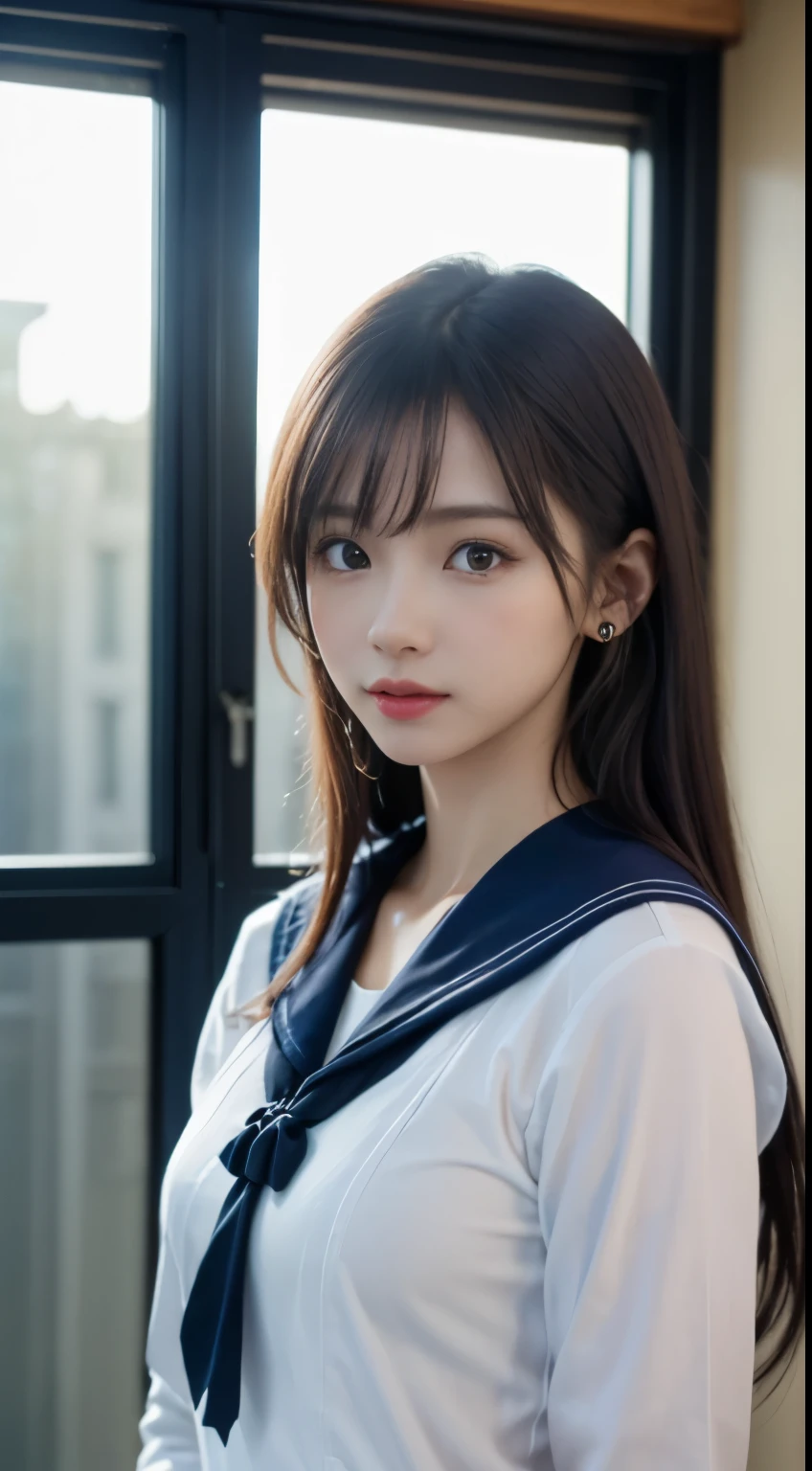 white see-through-blouse,interview, (photo Real:1.4), (hyper realistic:1.4), (realistic:1.3), (soft light:1.05), (Improve video lighting quality:0.9), 1 lady, an 18 year old female, Realistic lighting, backlight, facial light, Ray tracing, (Cheerful:1.2), (Improved image quality:1.4), (best quality real texture skin), narrow eyes, a small face, red cheeks, thin body, Mid-thoracic apical jaw,,,,,,,,, Japanese idol system, nogizaka idol, shiny skin, Posing a gravure idol, p, blunt bangs, black hair, hair behind ears, hair past shoulders, long hair,Tear bag，Summer plateau、No makeup、(Navy Blue Long Sleeve Sailor Uniform:1.2)