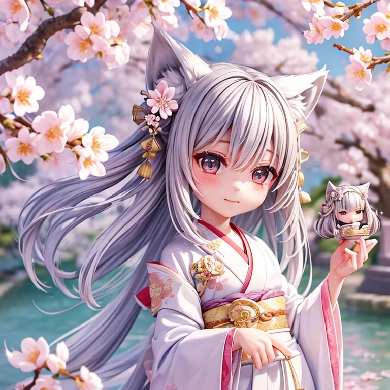 ((highest quality)), ((masterpiece)), (be familiar with), perfect face、wolf ears、kimono、silver hair、gray eyes、bob、chibi character、cute、Cherry Blossom Hair Ornament、shrine、water reflection、particle、Petals fluttering、Prayer