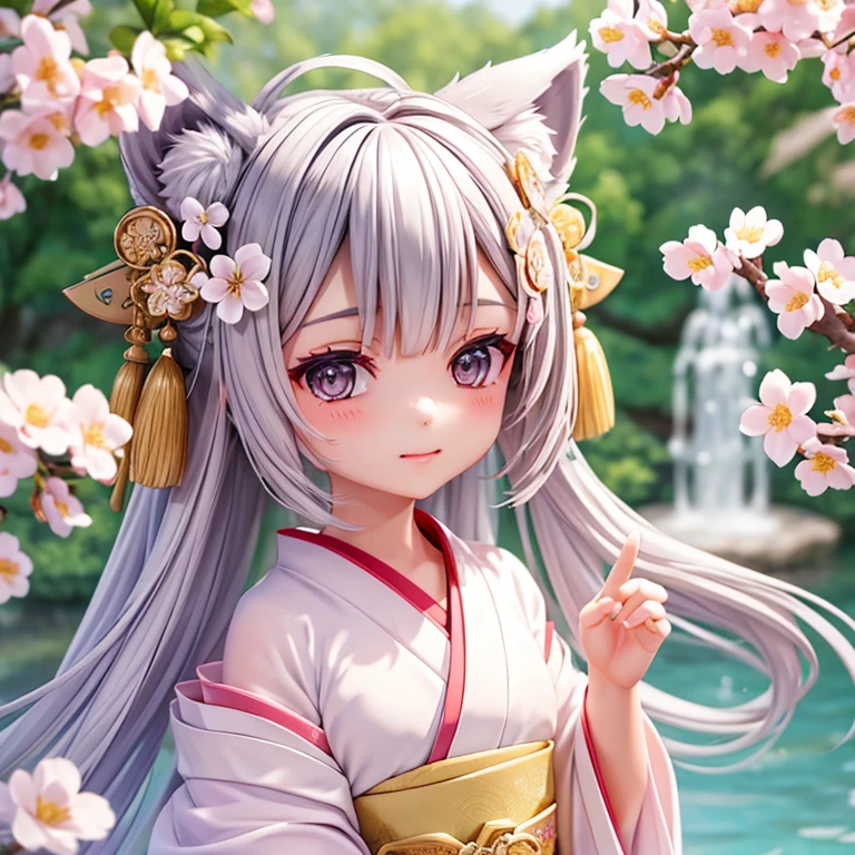 ((highest quality)), ((masterpiece)), (be familiar with), perfect face、wolf ears、kimono、silver hair、gray eyes、bob、chibi character、cute、Cherry Blossom Hair Ornament、shrine、water reflection、particle、Petals fluttering、Prayer
