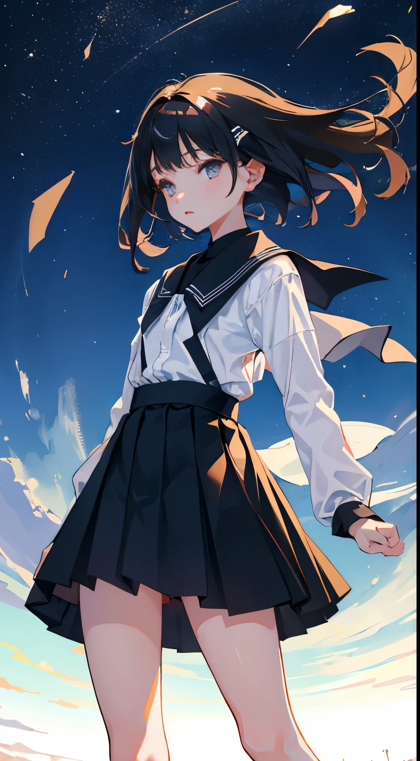 (short cute girl， young studeg delicate girl）,（masterpiece，Top quality)，skirt，skirtリフト，long black hair，The wind is blowing