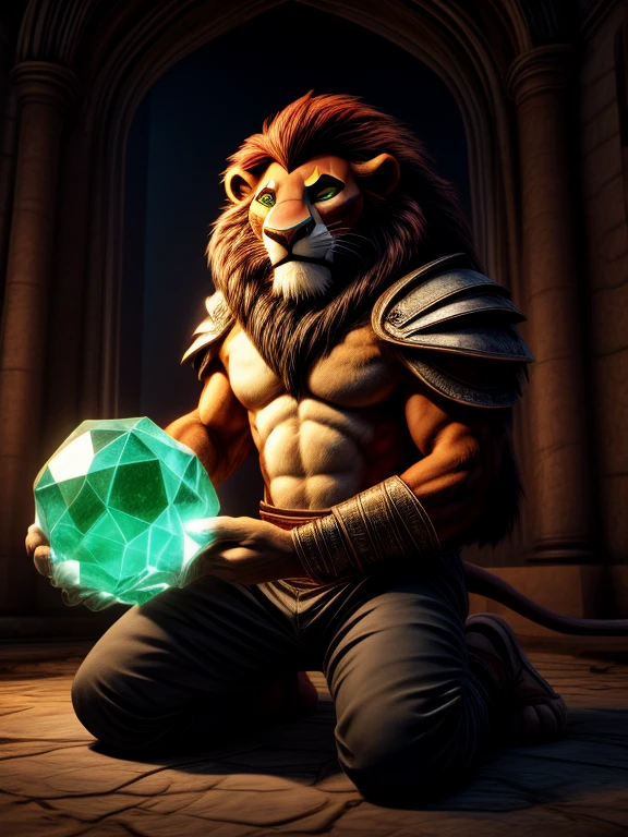 2d portrait, very detailed faces, anatomically correct, furry art, hypnotised barefoot Scar (Lion king) wearing black lather warrior armor, long pants, kneeling in front of large crystal ball, concentrating on a crystal orb with green hypnotic spiral, detailed nice big lion feet paws with short claws and sandals, in a trance, drooling, green glow in his eyes, hi res, detailed background, 8k hd,(dark shadows, wide dynamic range, hdr, low light:1.2), (Dynamic angles and pose:1.2)