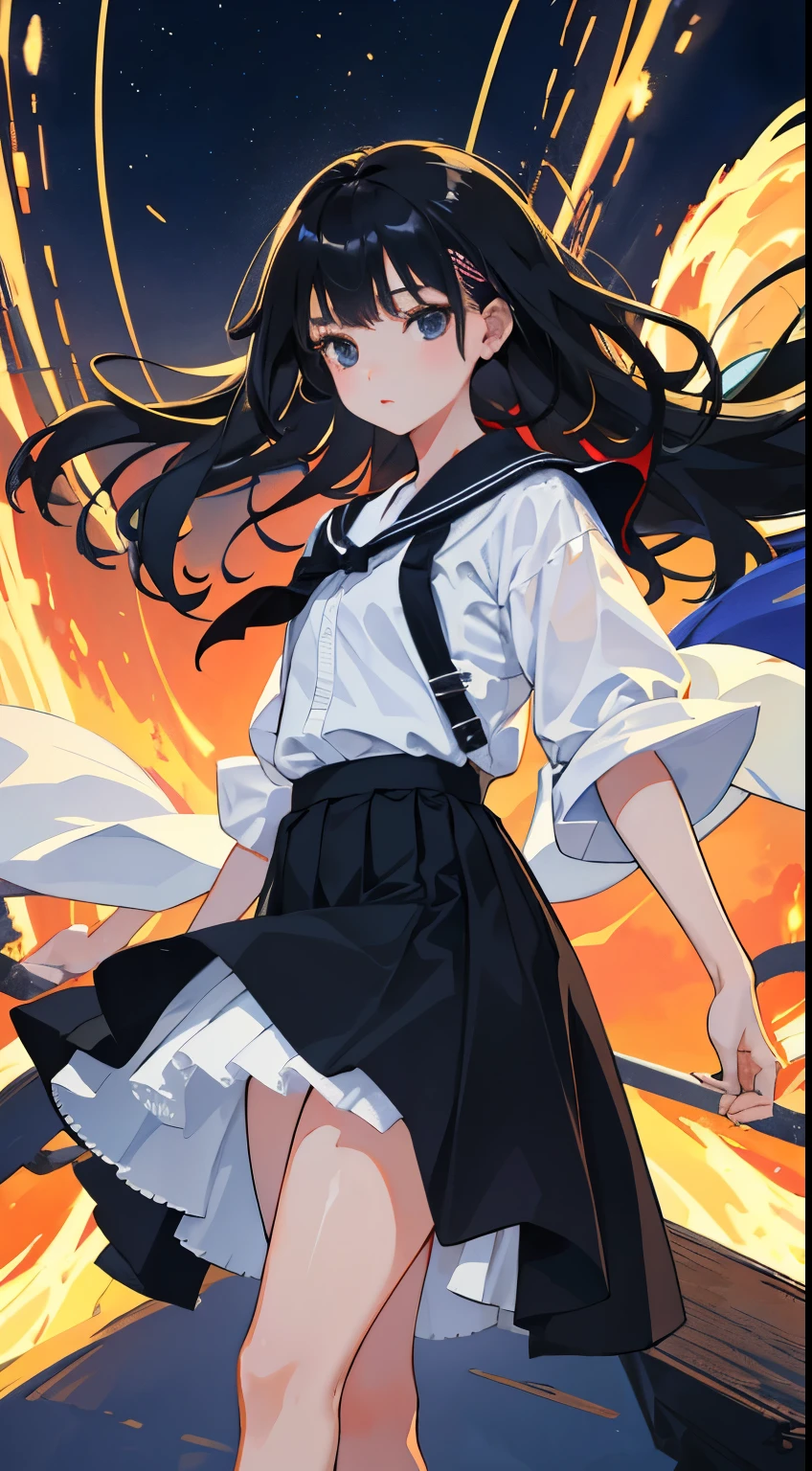 (short cute girl， young studeg delicate girl）,（masterpiece，Top quality)，skirt，リフトskirt，skirtをつまむ，long black hair，The wind is blowing