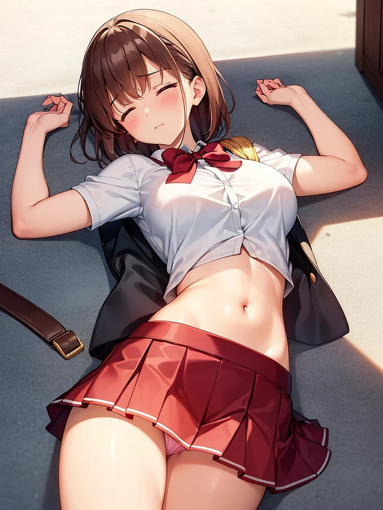 (Lie on your back on the ground:1.3), shortness of breath, ((raise your arms)), ((From above)), ((blush:1.2)), ((Fully closed eyes:1.3)), 1 girl, ((White school uniform)), red bow tie, huge breasts, big breasts stretching forward, ((long and thin legs)), ((thin waist)), thick thighs, red mini skirt, Beautiful woman, cute face, cowboy shot, ((skirt that rolls up:1.2)), Convulsing body, ((Panty shot)), Erotic position
