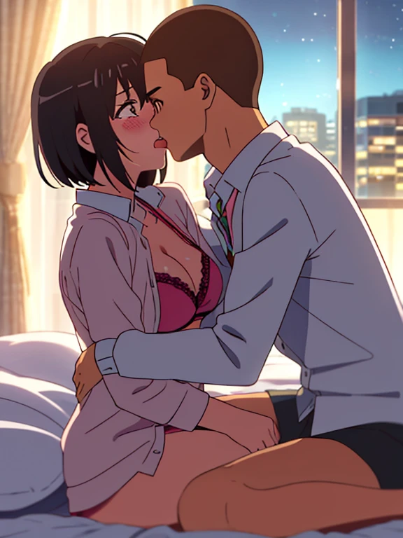 shinkai makoto, kimi no na wa., {1boy, buzzcut, school uniform,} face to face, boy holding girl's shoulders, cheek licking cheek, {1girl, mitsuha miyamizu, open mouth, tears eyes, black hair, red ribbon, red headband, short hair, blush, brown eyes, collared shirt, red bow, white long sleeve unbuttoed, open shirt, light pink bra, cleavage, medium breast,}  indoors, night, passionate hug, lie on bed