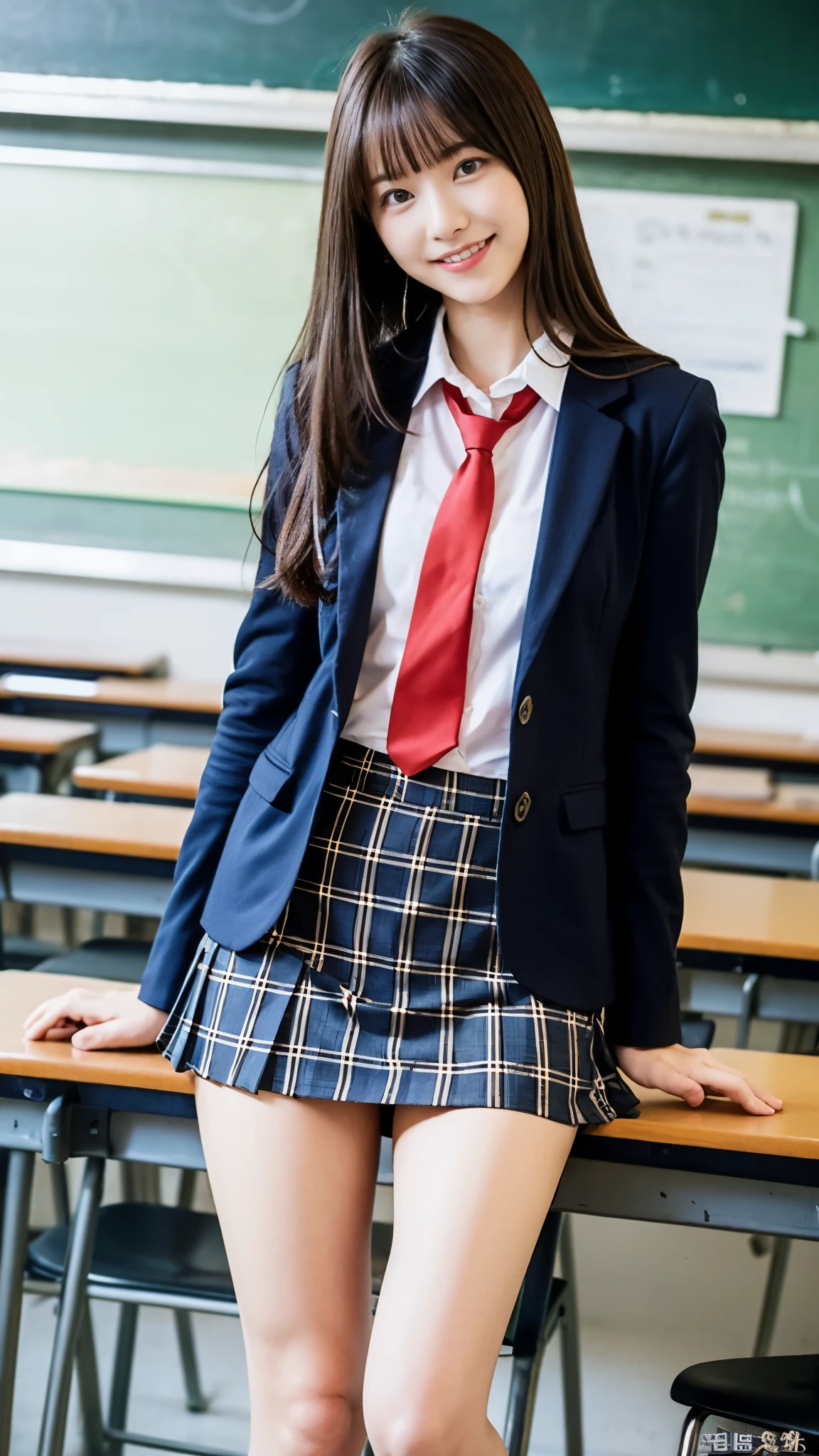 Girl Standing In School Classroom,Red Tie Uniform,Dark Blue Closed Blazer,Blue plaid skirt,18-year-old,bangs,a little smile,thighs,knees,from below,random pose,pretty girl,slender girl,