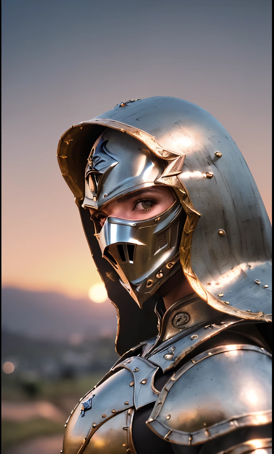 (obra de arte), (extremamente complexo:1.3), (realista), retrato de uma , o mais bonito do mundo, (armadura medieval), metallic reflections, tronco, ao ar livre, luz solar intensa, castelo distante, fotografia profissional de uma mulher deslumbrante detalhada, sharp focus, dramatic, premiado, cinematic lighting, Octane render Unreal Engine,  volumetric dtx, (Film grain, fundo desfocado, blurry foreground, Bokeh, profundidade de campo, sunset, desfoque de movimento:1.3), cota de malha