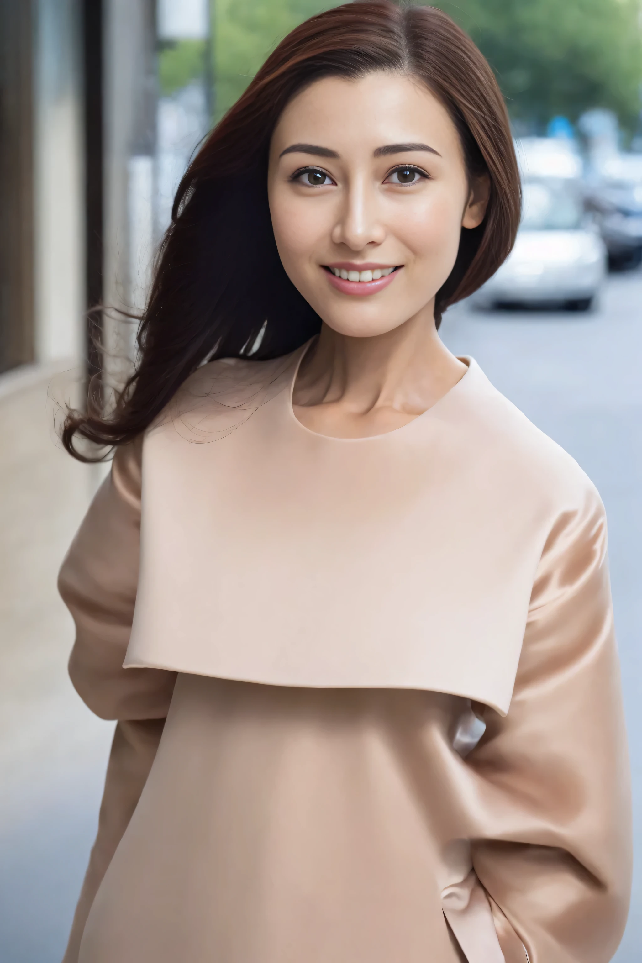 ((top quality、8k、Masterpiece:1.3))、1 girl in、a smile、Full body female love、face slimming、beautiful woman、(dark brown hair)、Sunlight、long skirt:1.1、Super detailed face、exquisite eyes、double eyelids、blurred background、face slimming、New York Manhattan、take out、a street、