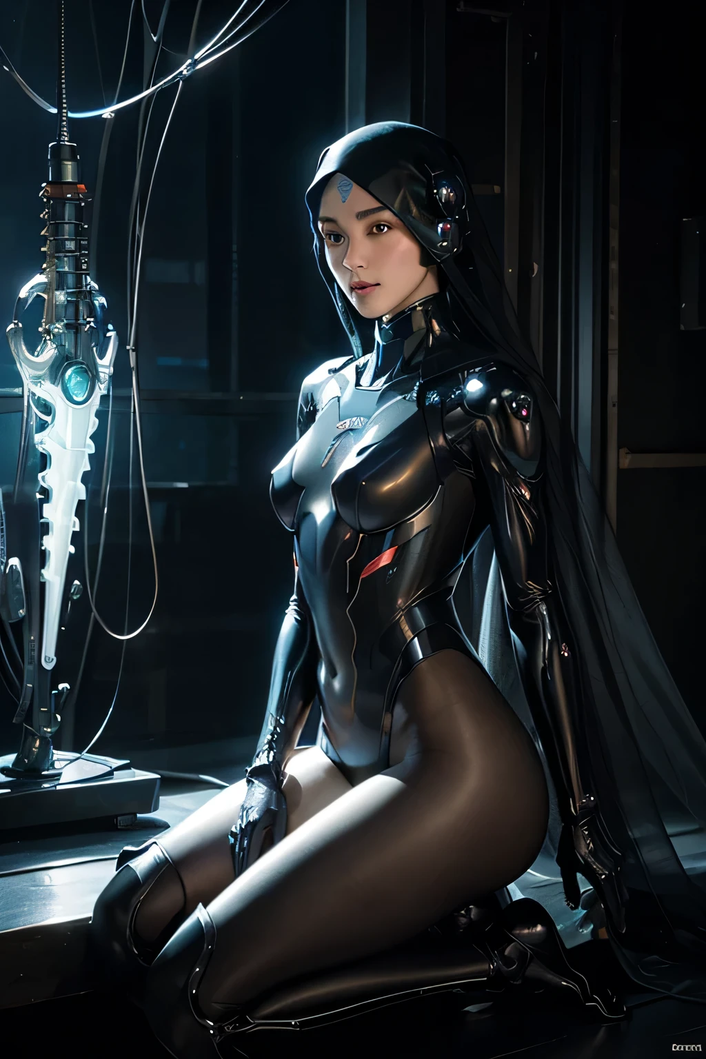 Top quality, Masterpiece, 超高分辨率, ((Photorealistic: 1.4), RAW photo, 1 an android muslim girl wearing a hijab/veil, Glossy glossy skin, (hyper realistic detailed)), Mechanical limbs, Tubes attached to mechanical parts, Mechanical vertebrae attached to the spine, mechanical cervical attachment to the neck, wires and cables connecting to hijab/veil, Evangelion, ((Ghost in the Shell)), The kinky is exposed,mechanical legs,mechanical body,Luminous small light, globalillumination, Deep shadows, Octane rendering, 8K, ultrasharp, metal, glass, transparent plastic, Intricate Ornament Details, baroque detailed, very complex details, Realistic light, CGSoation trend, Facing the camera, neon light detail, (Android mechanic in the background), art by H.r. Giger and Alphonse Mucha.