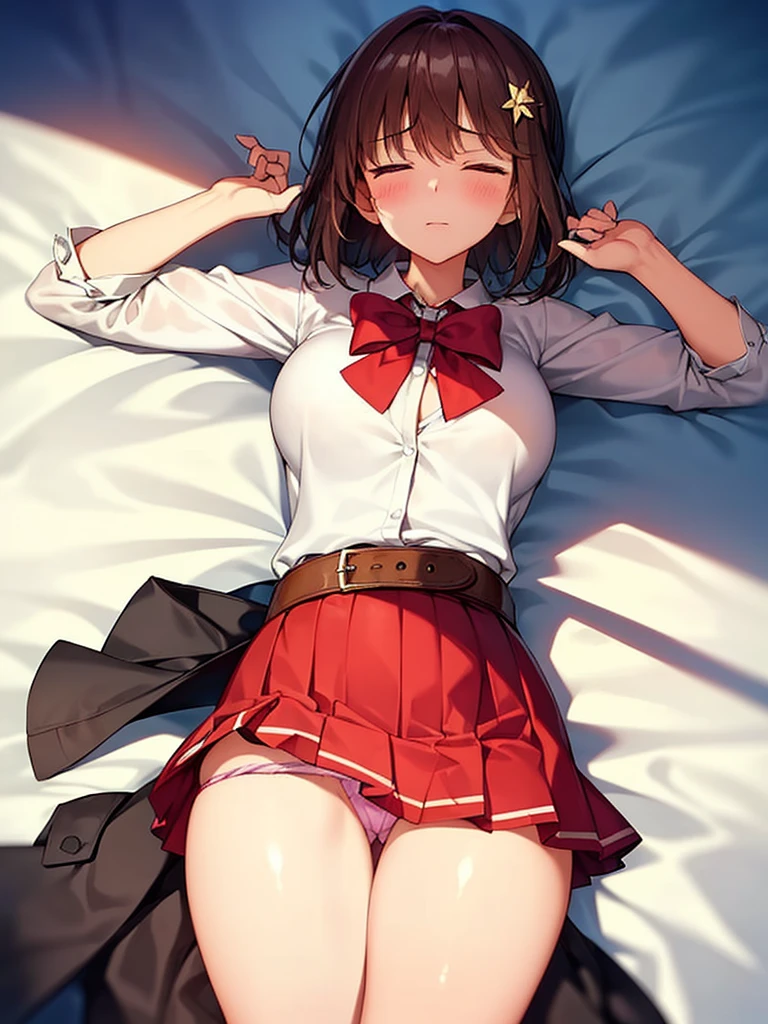 (Lie on your back on the ground:1.3), shortness of breath, ((raise your arms)), ((From above)), ((blush:1.2)), ((Fully closed eyes:1.3)), 1 girl, ((White school uniform)), red bow tie, huge breasts, big breasts stretching forward, ((long and thin legs)), ((thin waist)), thick thighs, red mini skirt, Beautiful woman, cute face, cowboy shot, ((skirt that rolls up:1.2)), Convulsing body, ((Panty shot)), Erotic position