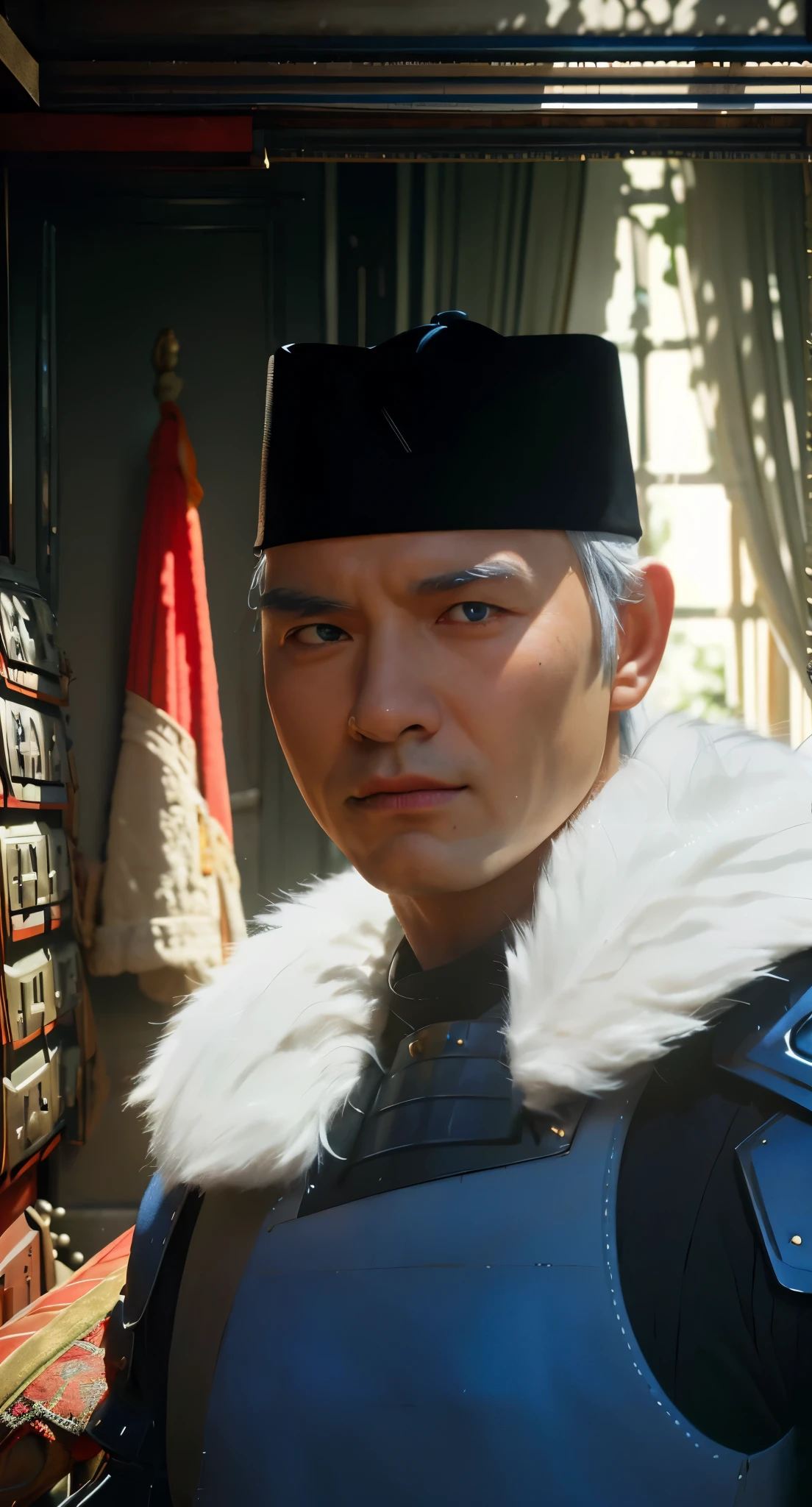 Real life adaption of this character,grandpa,white hair,wear realistic same outfit, wear blue iron armor on hand and chest like samurai outfit,(blue iron armor on chest ),wear realistic black Cap on head, Realistic furry collar ,realistic same background,realism, hyper realistic, realistic light, realistic shadow,(photorealistic 1:2)