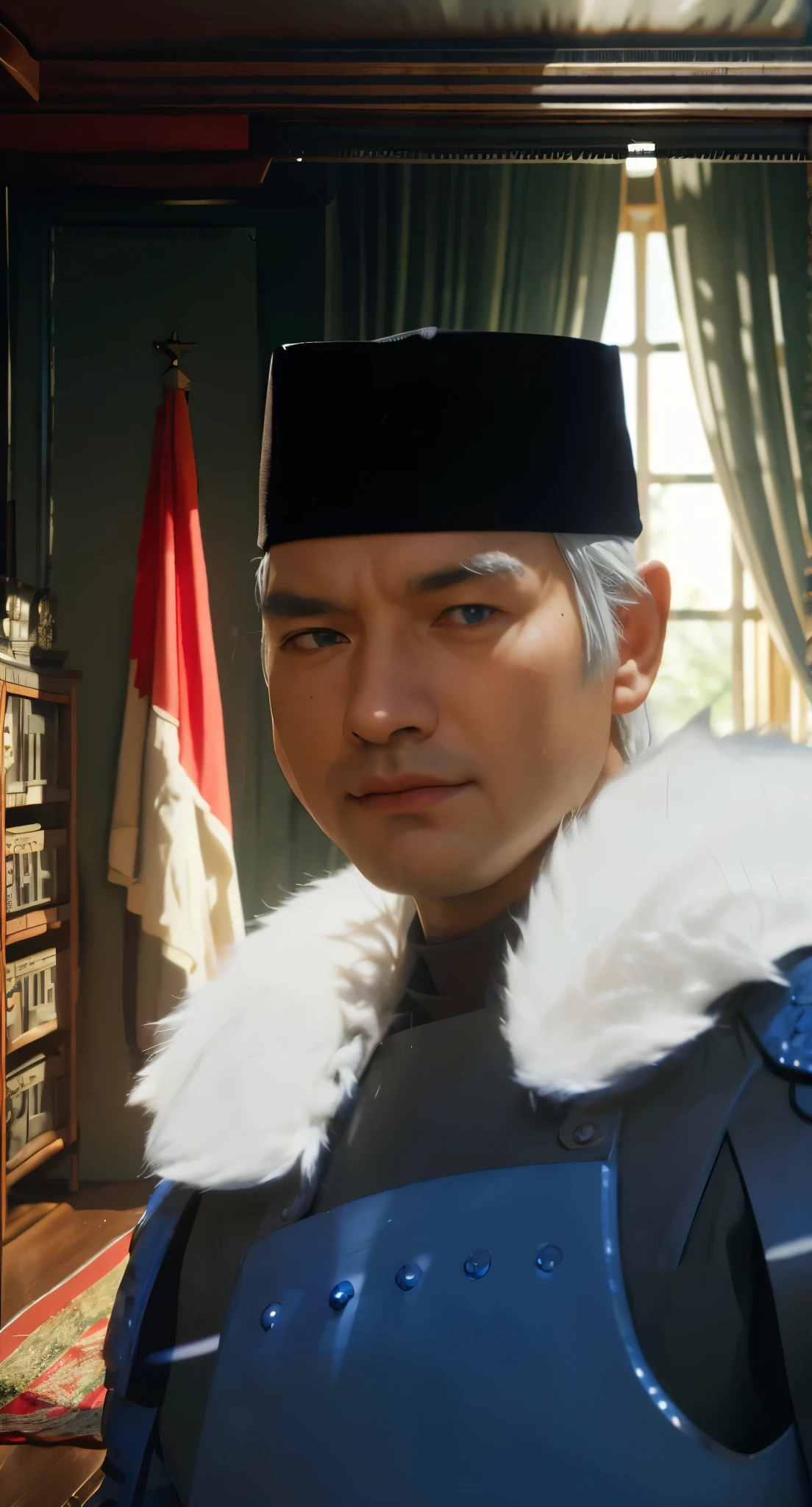 Real life adaption of this character,grandpa,white hair,wear realistic same outfit, wear blue iron armor on hand and chest like samurai outfit,(blue iron armor on chest ),wear realistic black Cap on head, Realistic furry collar ,realistic same background,realism, hyper realistic, realistic light, realistic shadow,(photorealistic 1:2)