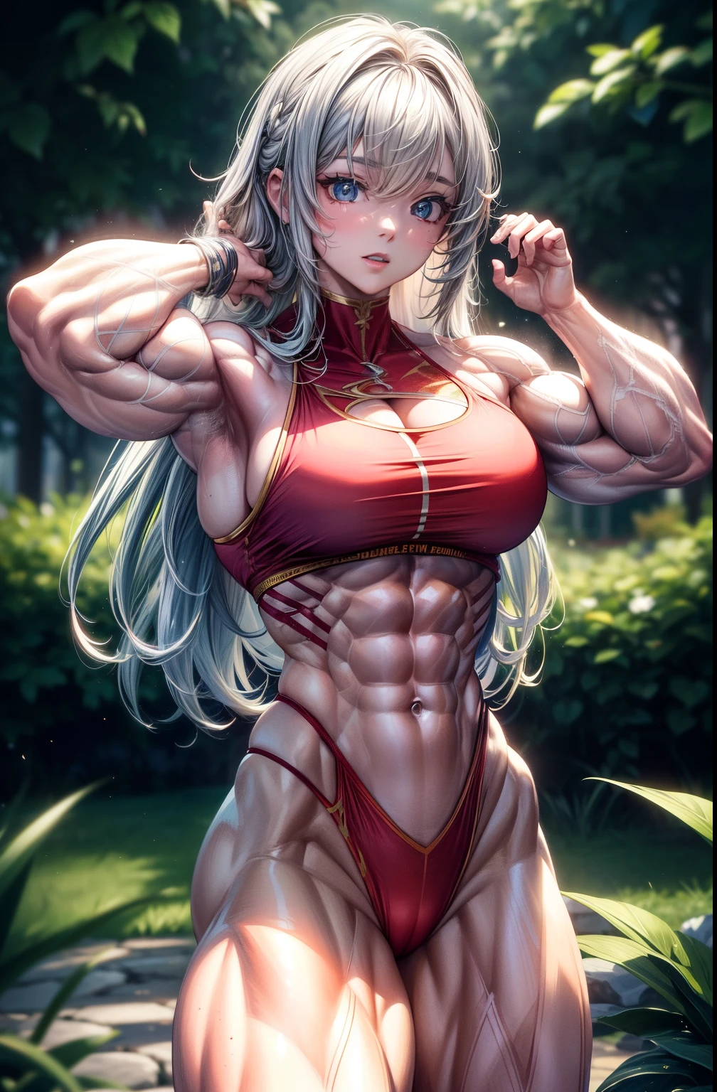 (best lighting) , (Extremely complex and detailed) , 4K unified, (Super detailed CG: 1.2) , (8k: 1.2),(The original), (masterpiece) , (best quality),(masterpiece:1.4),Anime-like high quality,(masterpiece),masterpiece, Super clear picture quality,clearer than,(delicate face)best quality, absurd,((Master of Peace, 4K, 8k, Yes, high resolution))1个girl, female student,She was in the garden,Ten strong abdominal muscles,stand up,exposed abdomen, Crop topping,Dense, raised veins on the arms,spring, boots, Perfect body, long hair, dynamic poses,legs exposed,Strong leg muscles ((bodybuilder:1.5)),spring Garden,(beautiful bass),(girl),(woman),(((Upper body:1)))