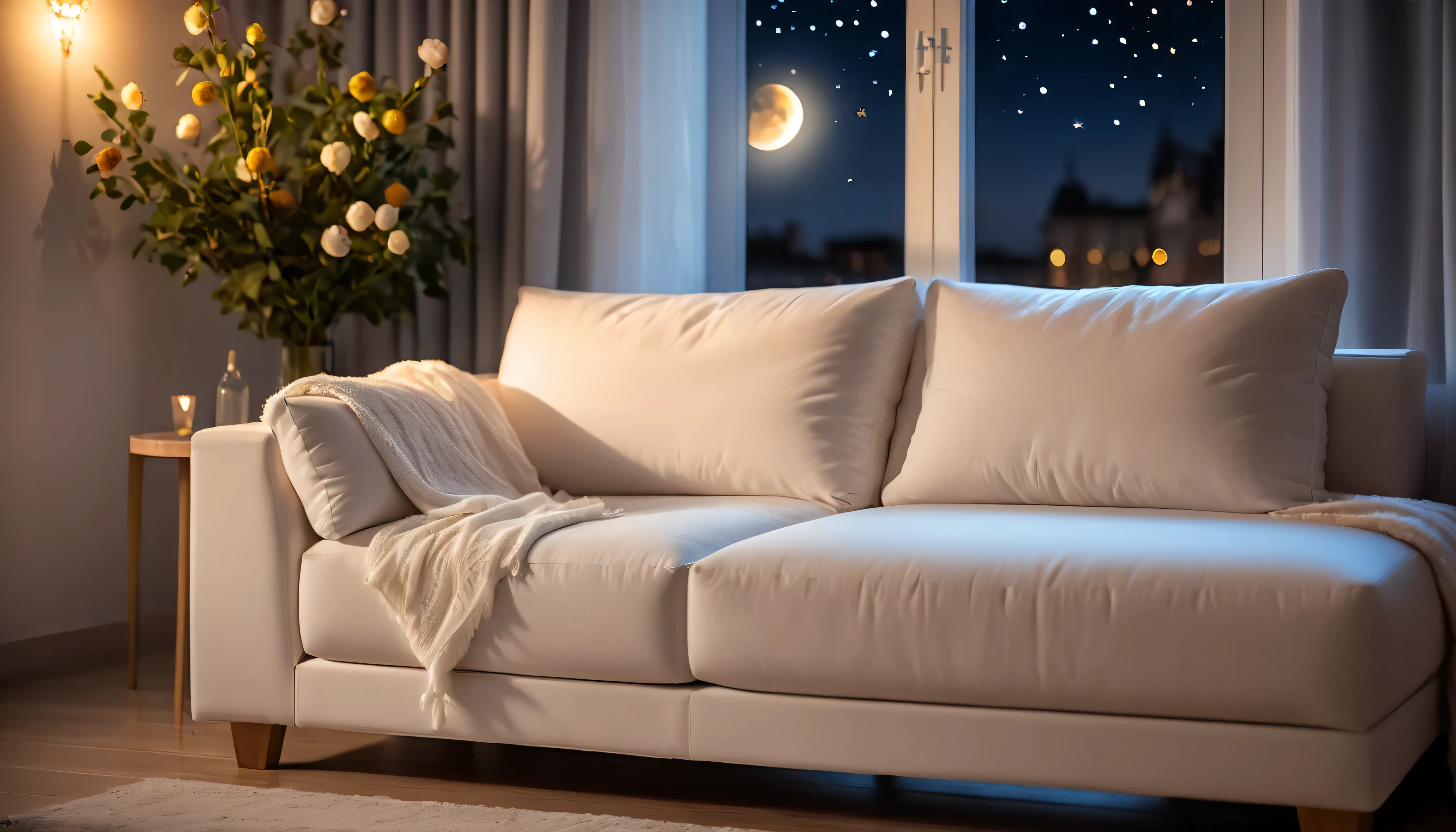 Modern elegant single comfortable white cloth sofa.Romantic.Warm light and shadow at night.Comfortable and beautiful, cozy atmosphere, Comfortable and calm, Comfortable and calm!, cozy atmosphere, comfortable environment, Window background with white transparent window, Comfortable and atmospheric, Relax, feeling of happiness, Soft stars and moon light and shadow.bokeh background（best quality at best）（intricate details）(leave a big blank) bokeh background.(best quality,4K,8k,high resolution,masterpiece:1.2),super detailed,(actual,photoactual,photo-actual:1.37),..ultra high definition, anatomically correct, masterpiece, best quality(night.cold light),Flowers and fruits.紅酒的Romanticnight.Best still life composition