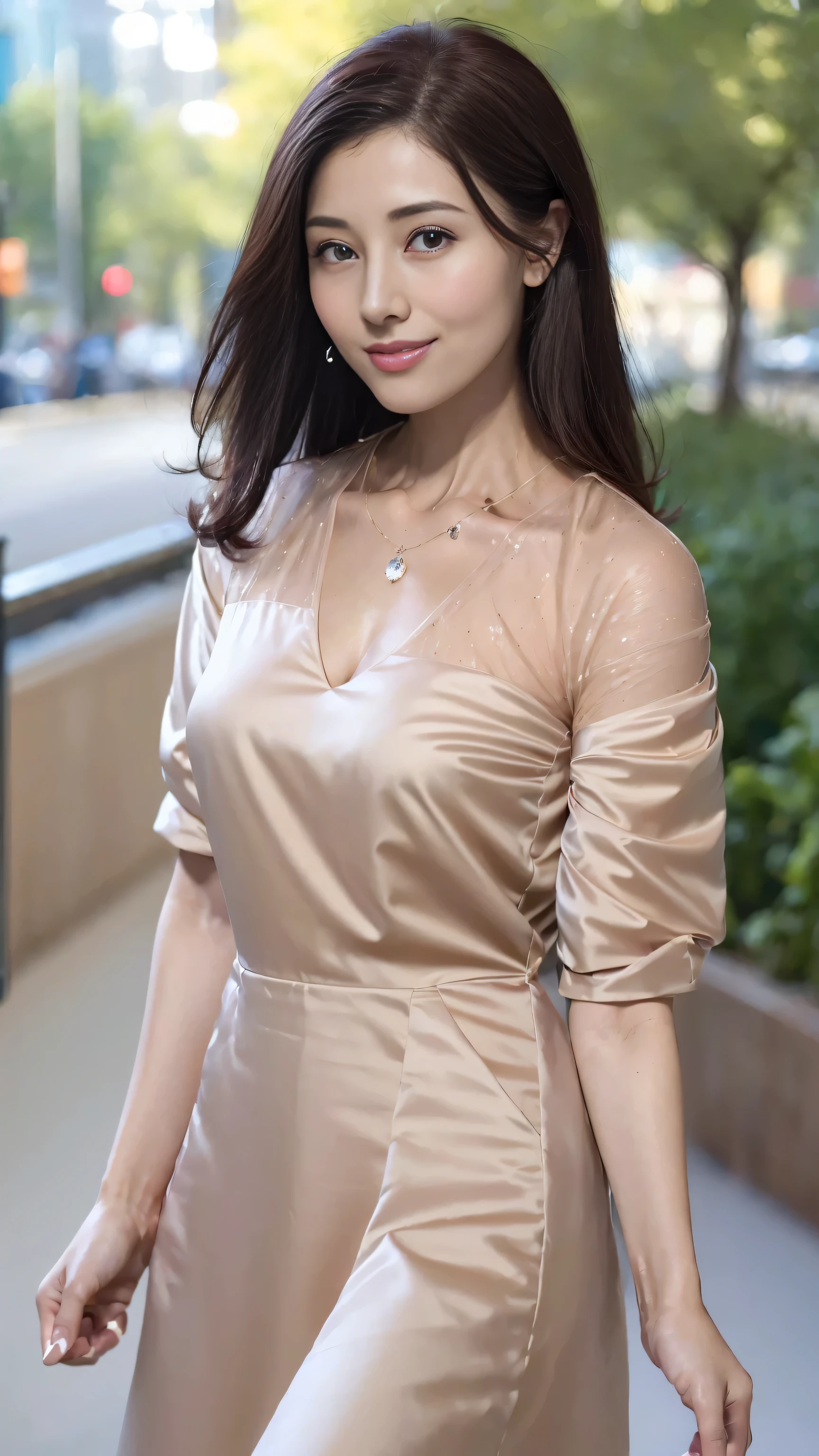 ((top quality、8k、Masterpiece:1.3))、1 girl in、a smile、Full body female love、face slimming、beautiful woman、(dark brown hair)、Sunlight、long skirt:1.1、Super detailed face、exquisite eyes、double eyelids、blurred background、face slimming、New York Manhattan、take out、a street、