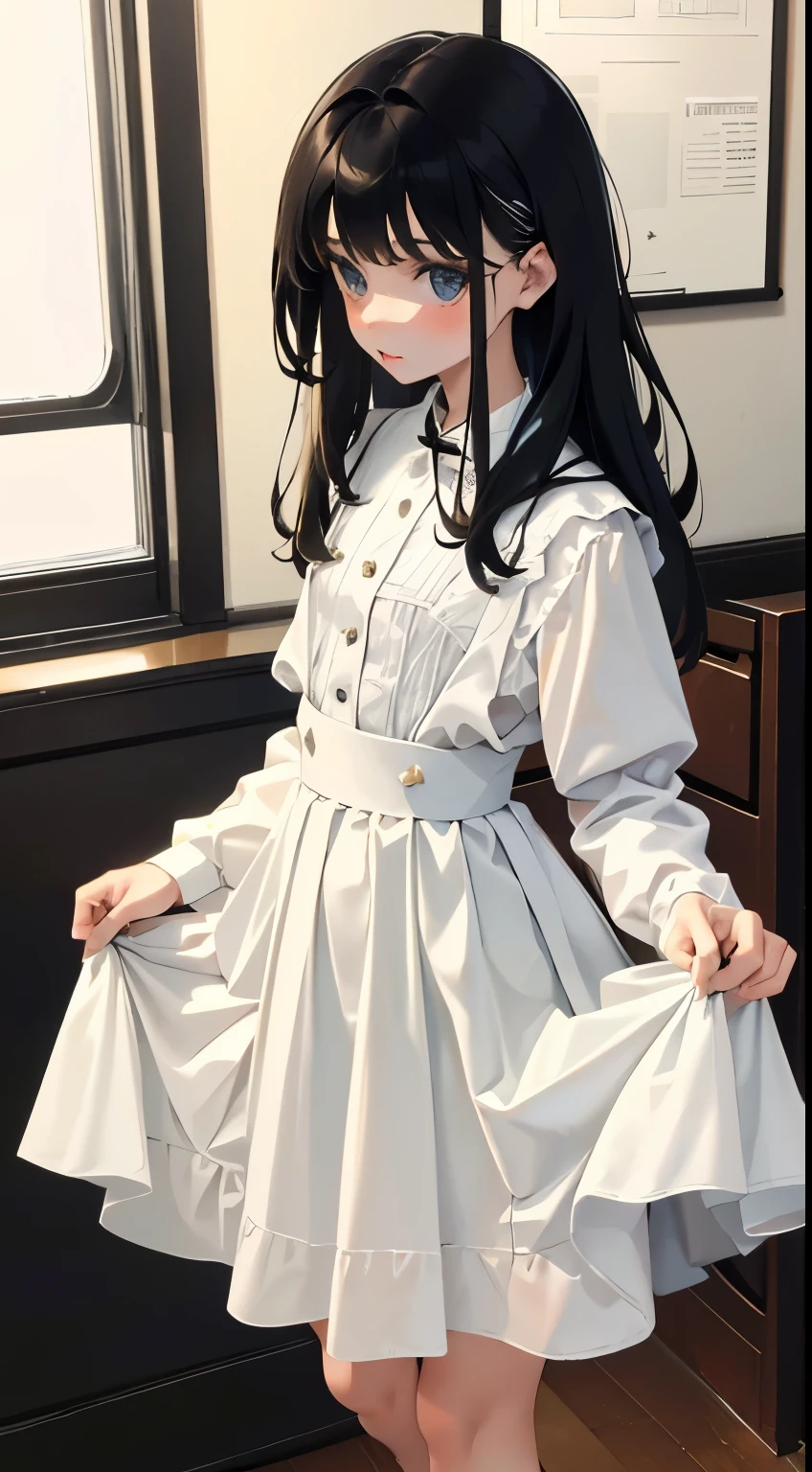 (short cute girl，small young student，young delicate girl）,（masterpiece，Top quality)，patterned white skirt，skirt lift，Pinching skirts，long black hair