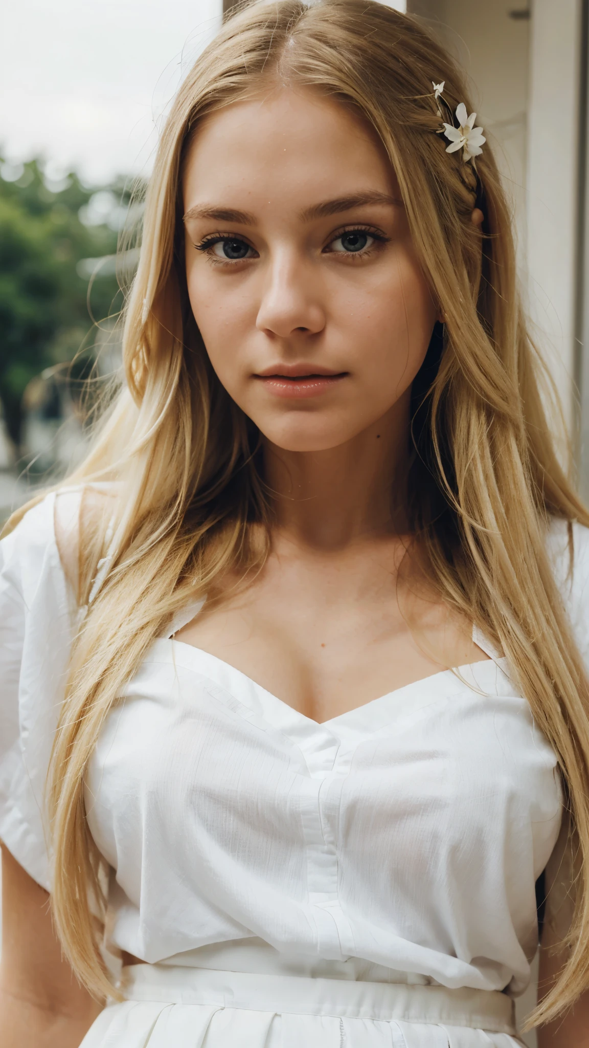 1 girl with long blonde hair, white skirt, face close up well lit