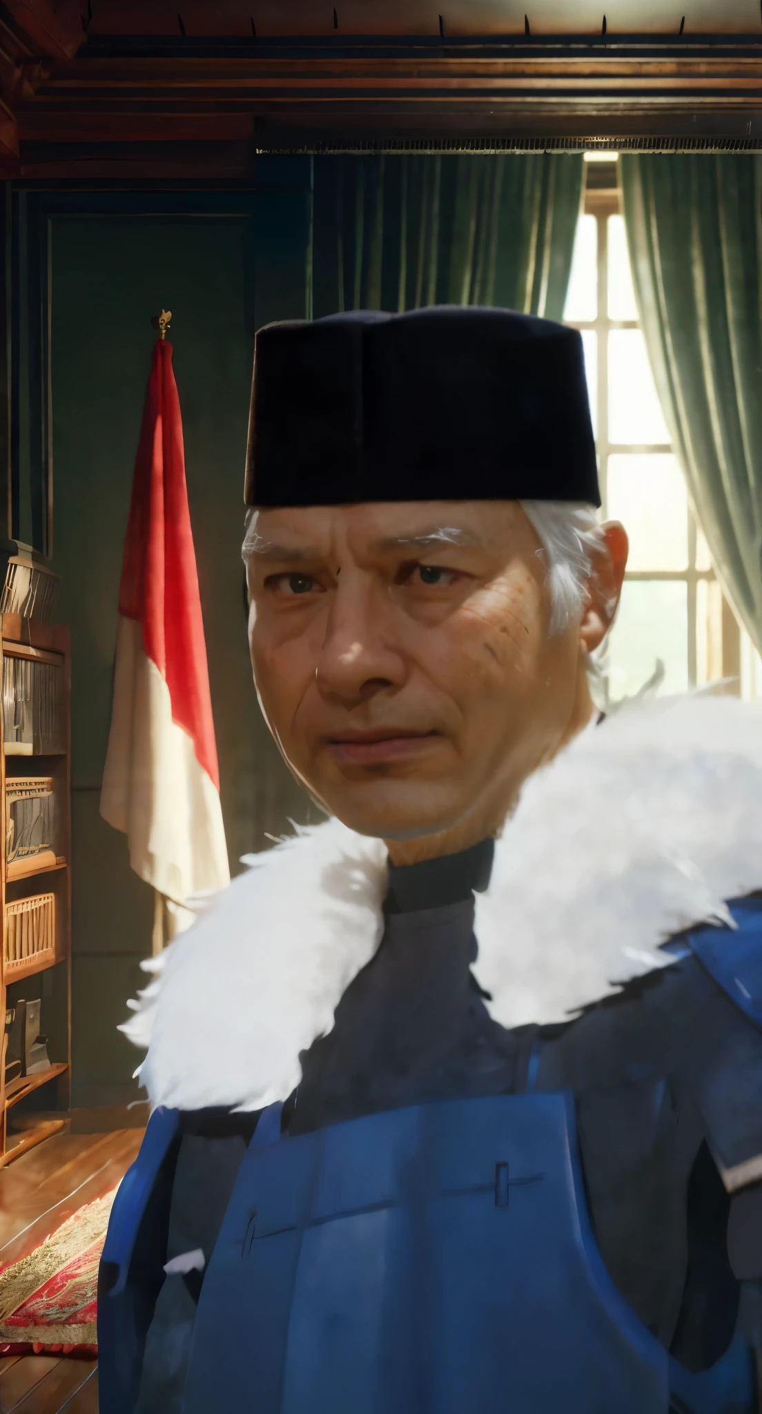 Real life adaption of this character,grandpa,white hair,wear realistic same outfit, wear blue iron armor on hand and chest like samurai outfit,(blue iron armor on chest ),wear realistic black Cap on head, Realistic furry collar ,realistic same background,realism, hyper realistic, realistic light, realistic shadow,(photorealistic 1:2)