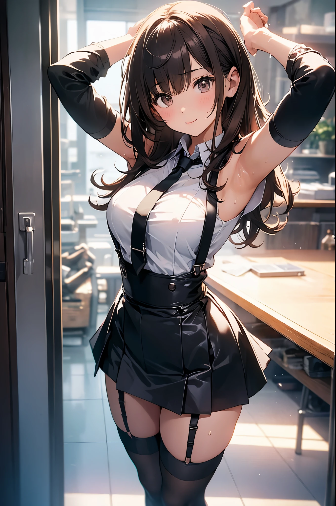 brown hair、looking at the viewer　　suspenders　　　Bulging big breasts　　 　 　　　　Black miniskirt　garter belt　knee high socks　　　　　　Gaze　　　small face　bangs 　　　　　Beauty　　hands up　　 　Gaze 　black boots 　provocation　　armpit sweat　one person 　　put your hands behind your back　cutter shirt　　Panty shot
