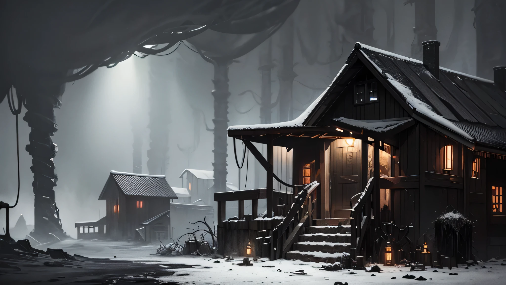 ((dark tentacle biopunk art)), ((horror tentacles)), Dark lighting, (cold light), black oil liquids, Dark Fantasy, dark shelter hut, hut in the middle of snowy mountains, desolated, very detailed art, very detailed background
