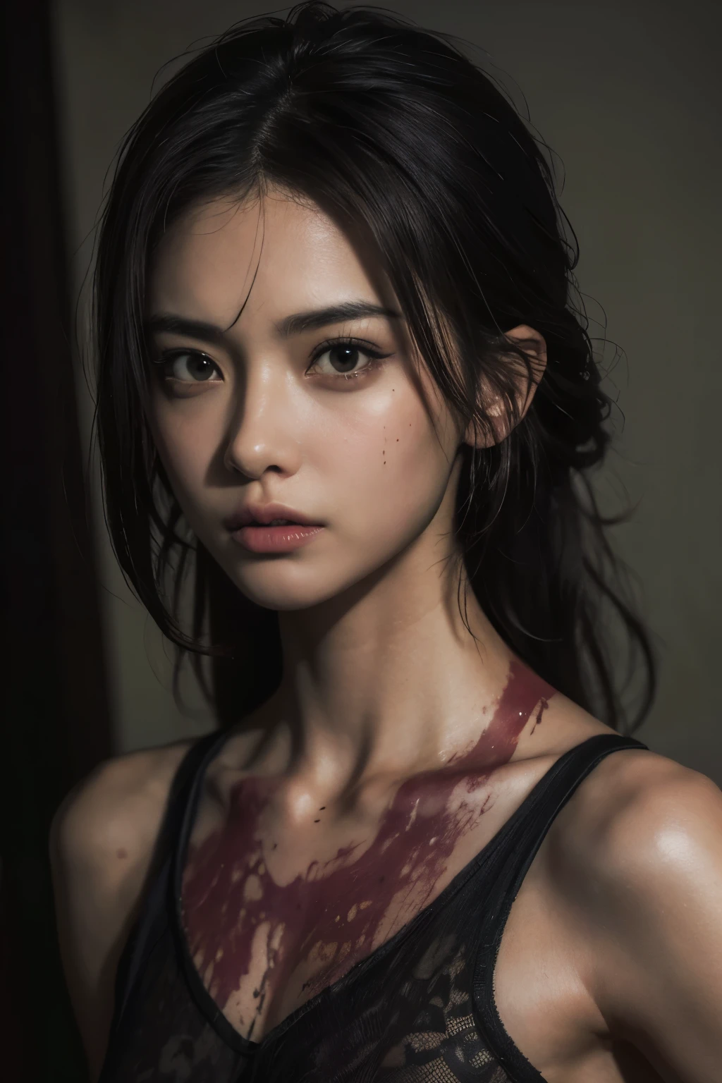 (best quality,highres:1.2),ultra-detailed,photorealistic:1.37,portraits,realistic skin texture,英国製仕立ての良いスーツを着た美しい日本人女性がcontinental hotelの外の階段に座っている、血まみれの手には拳銃を持っている、血まみれ、傷だらけ、tattoos,guns,wounds,blood,dark,violent,gritty,dramatic lighting,desaturated colors,expressive brushstrokes,vivid contrasts,haunting,emotionally charged,moody atmosphere,rough edges,life-like,hyper-realistic,gritty texture,hyper-detailed,ominous shadows,hard-hitting impact,foreboding,high contrast monochrome palette,edgy composition,unsettling ambiance,dynamic poses,sharp focus,raw and intense,strikingly realistic skin tones