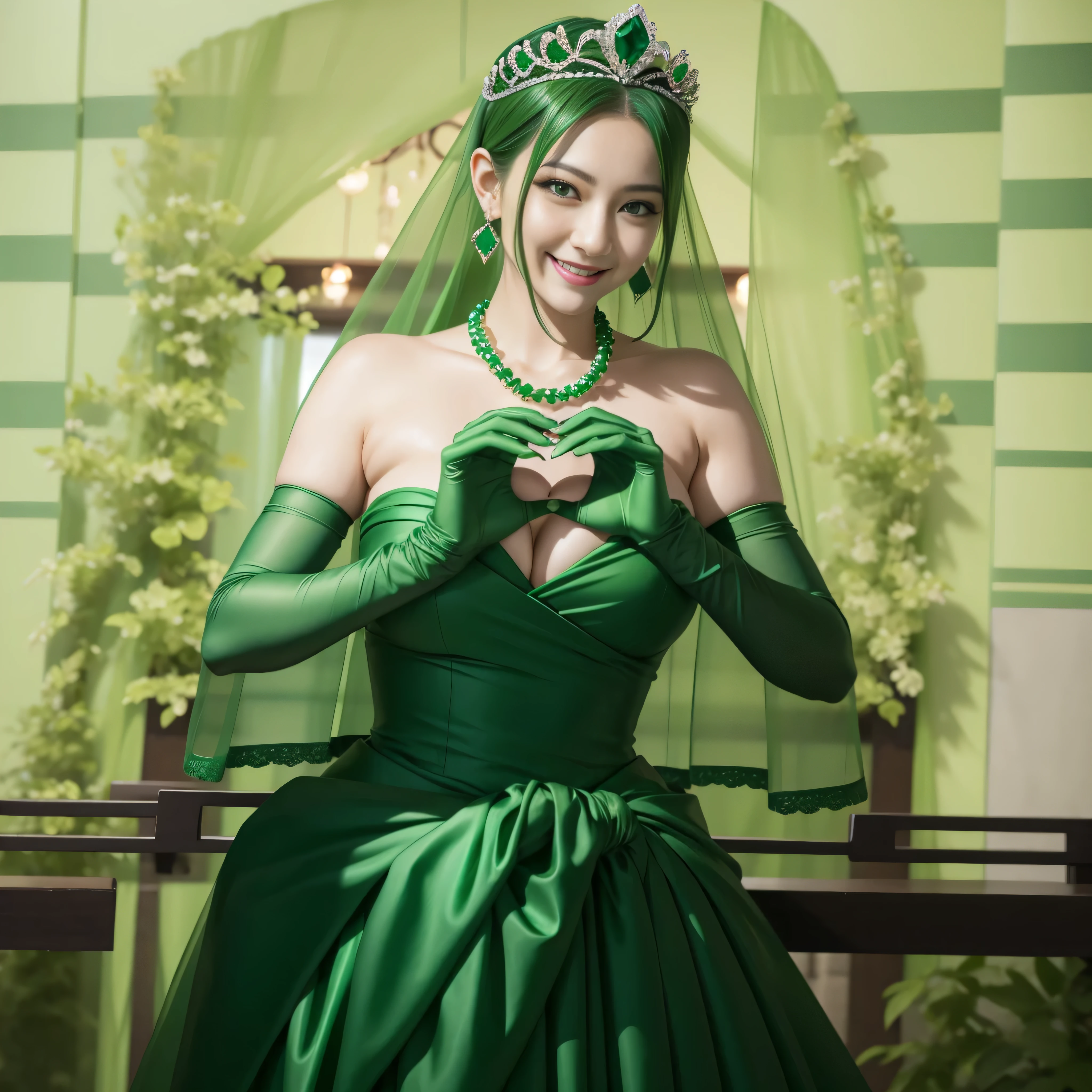 emerald tiara, green pearl necklace, ボーイッシュな非常に短いgreen hair, lipstick, smiling Japanese woman, very short hair,  Beauty with large breasts, green eyes, Long Green Satin Gloves, green eyes, emerald earrings, green veil, heart with both hands, green hair, beautiful japanese woman, heart shaped hand:1.3