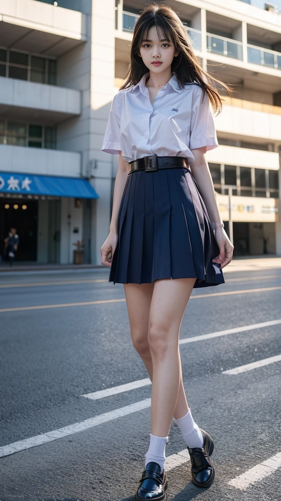 highest resolution, 8K, high definition, (((long hair))), Thai Students, Half Thai, half Japanese, half Korean., Age 18-25 years, Height 173 centimeters, (((stand, walk))), Beautiful face, แต่งBeautiful face, Double eyelids, red lips, smile at the corner of the mouth, beautiful eyes, Beautiful Woman, The texture is realistic., ((Slim white short-sleeved shirt, collar shirt)), ((ปักnameด้วยตัวหนังสือสีน้ำเงินที่หน้าอกเสื้อด้านขวา, name"Phonpitak Rungruangapiwatsakul")), ((School logo symbol on the left chest of the shirt.)), ((big pleated skirt, dark blue, long skirt, Close your legs completely.)), ((Navy blue skirt, พร้อมbeltผู้หญิง)), ((Huge breasts, Breast augmentation)), ((Symmetrical shape, sexy figure)), ((Thin, slim, small waist)), ((Black elementary school student shoes, Short white socks)), ((Put on a watch, belt)), (((full body, Look at every part of the body.))), background, balcony in front of building, building, buildingเรียน