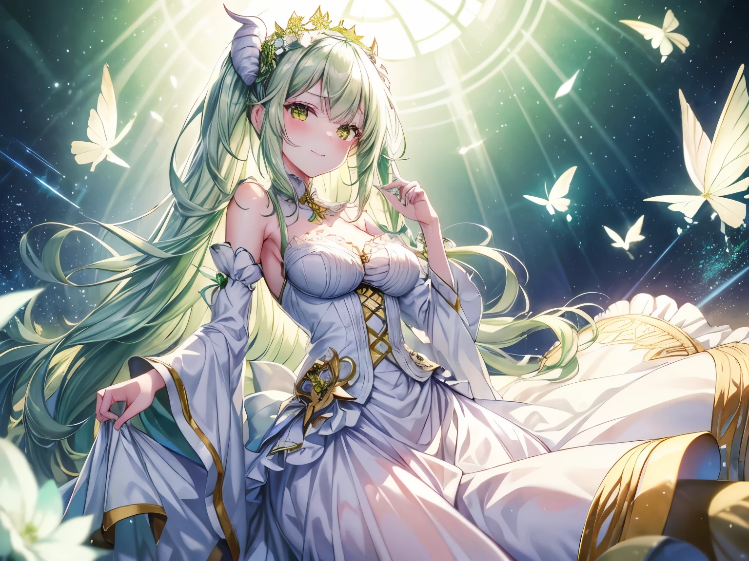 best quality,4K,High Resolution),ultradetailliert,realistisch,portrait, White green hair succubus in a white green spring dress with gold decorations, leuchtende Farben, delicate features, seductive glance, charming smile, wallende Haare, Sanfte Beleuchtung