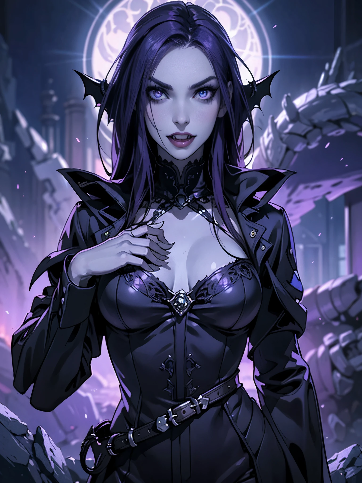 goth Renaissance, Purple hair, Blue Skin, widowmaker,intricate, feckels, white glowing eyes, fantastical, vampire, fangs, hyper detailed, 32k resolution, volumetric lighting, hyper detailed, intricately detailed, Unreal Engine 5, volumetric lighting