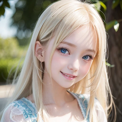 shiny skin、 Very cute and beautiful face、Shiny and very beautiful bright white skin、very beautiful and cute pale blue eyes、Beautiful very long shiny blonde hair with golden shine、one little very beautiful cute young girl、10 talents、Beautiful cute bright look、Clear double eyelids、((Very happy smile))、Embarrassed blush