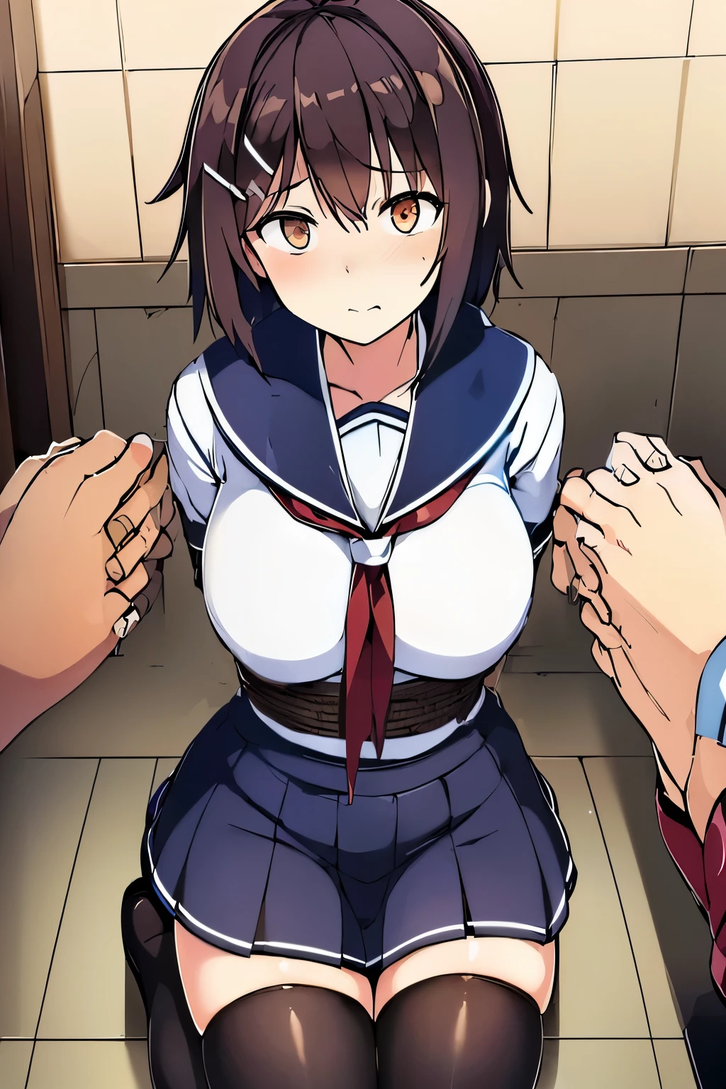 ((((Bondage)))) ((Rope Bondage)), Ultra Detail, ((Shibari)), (((((The rope is wrapped around the body many times))))), brown Rope, blush, red neckerchief