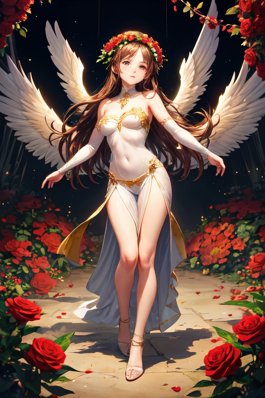 ((Masterpiece)),(Best Quality),(Super intricately detailed),(Highest resolution),(8K),(Clean lines),(Perfect Face,Perfect meat),(Official Art),(Magical girl),14 years old, White costume, rod, huge breasts, Big angel wings, Night Sky, smile