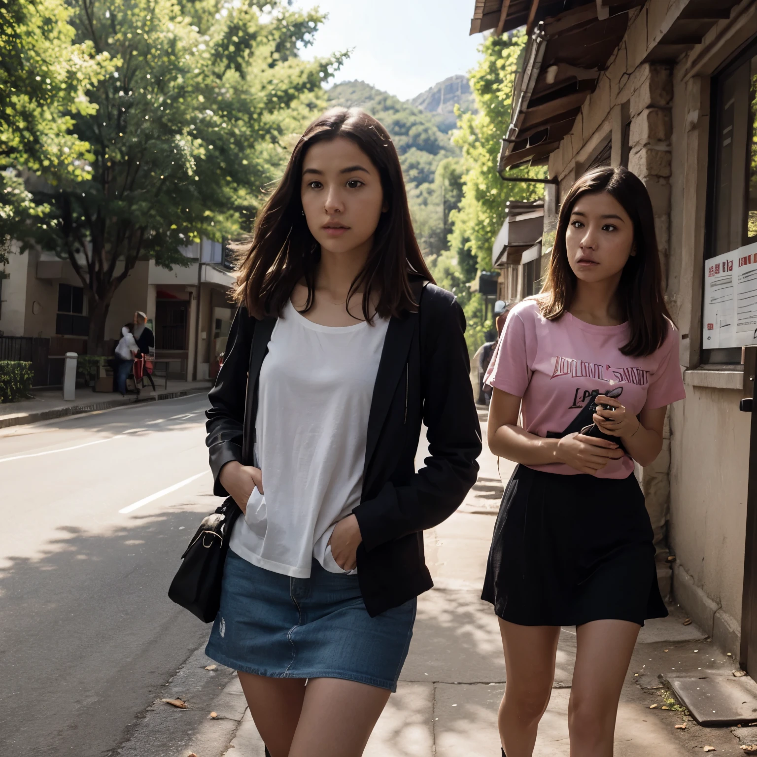 Draw a vertical composition poster，The content is that a young girl almost fell into the valley while carrying her schoolbag.，The expression is frightened，Next to her is her friend，Looks anxious，The background is mainly wild and blue sky，Text next to it：Travel。