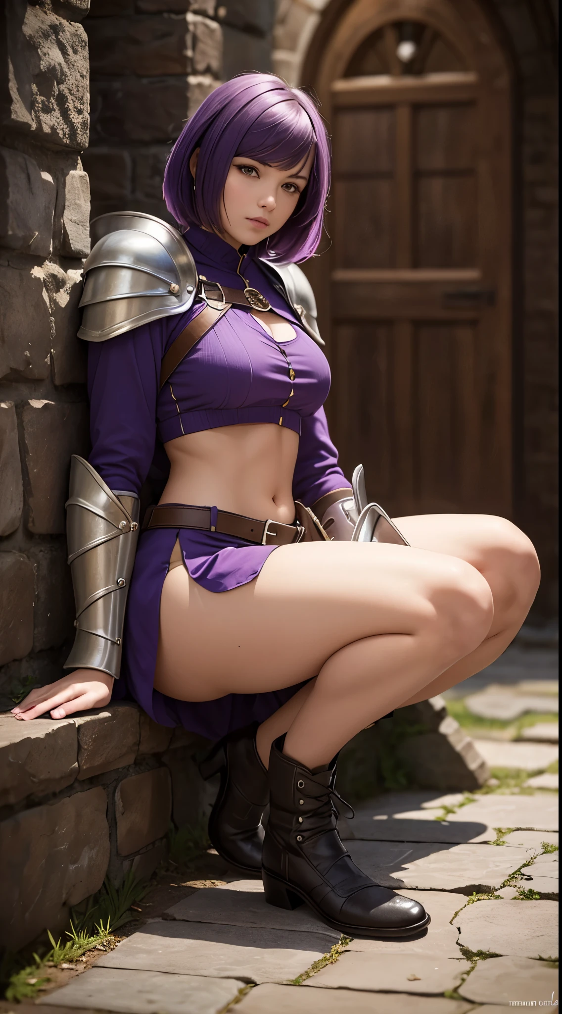 (a woman,purple hair,paladin,medieval style,sidecut,longsword,shaved side,silver broken armor,sitting on floor) (best quality,ultra-detailed,photoreal
 you can see a little bit of his underwear,
