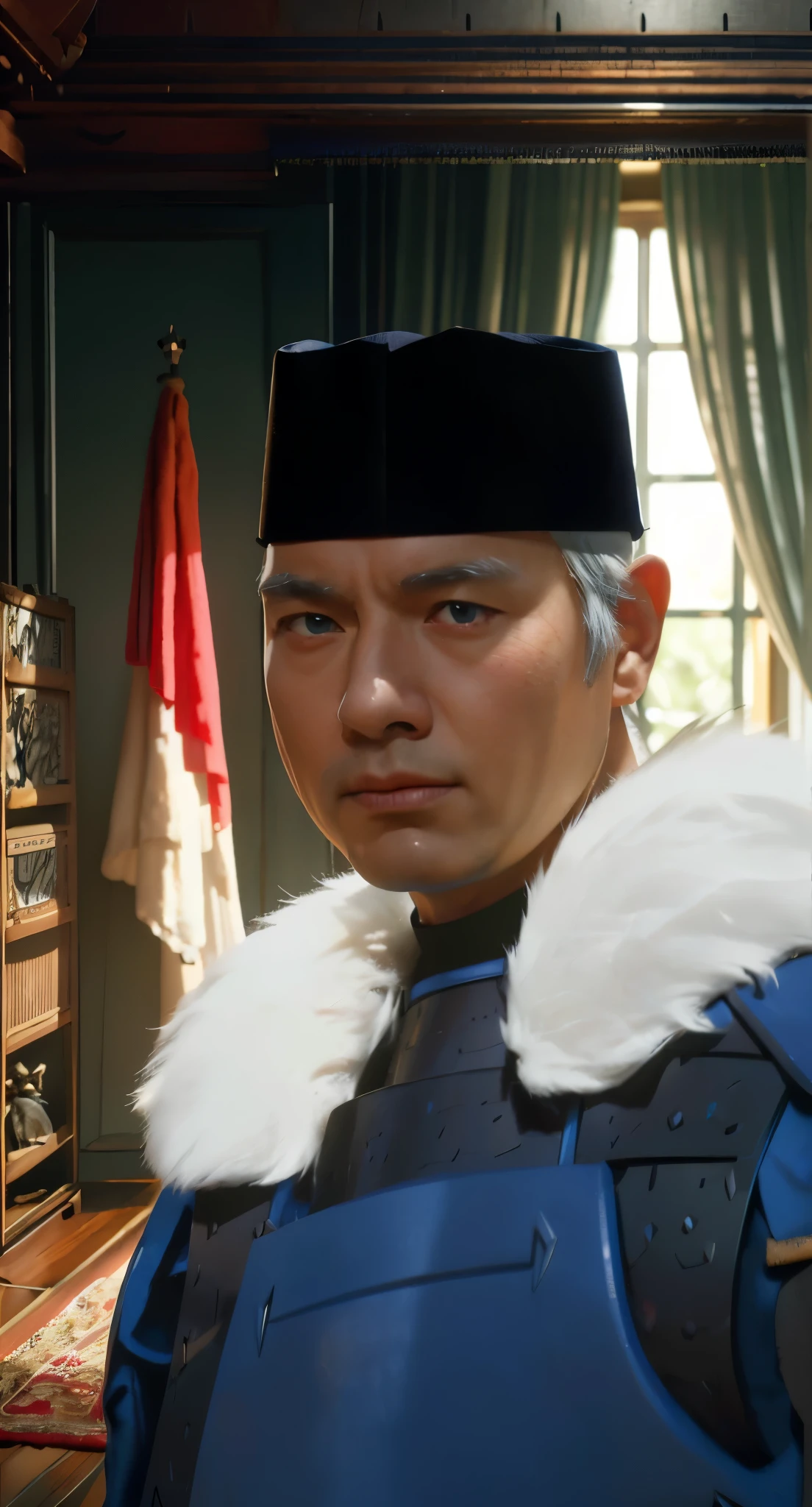 Real life adaption of this character,grandpa,white hair,wear realistic same outfit, wear blue iron armor on hand and chest like samurai outfit,(blue iron armor on chest ),wear realistic black Cap on head, Realistic furry collar ,realistic same background,realism, hyper realistic, realistic light, realistic shadow,(photorealistic 1:2)