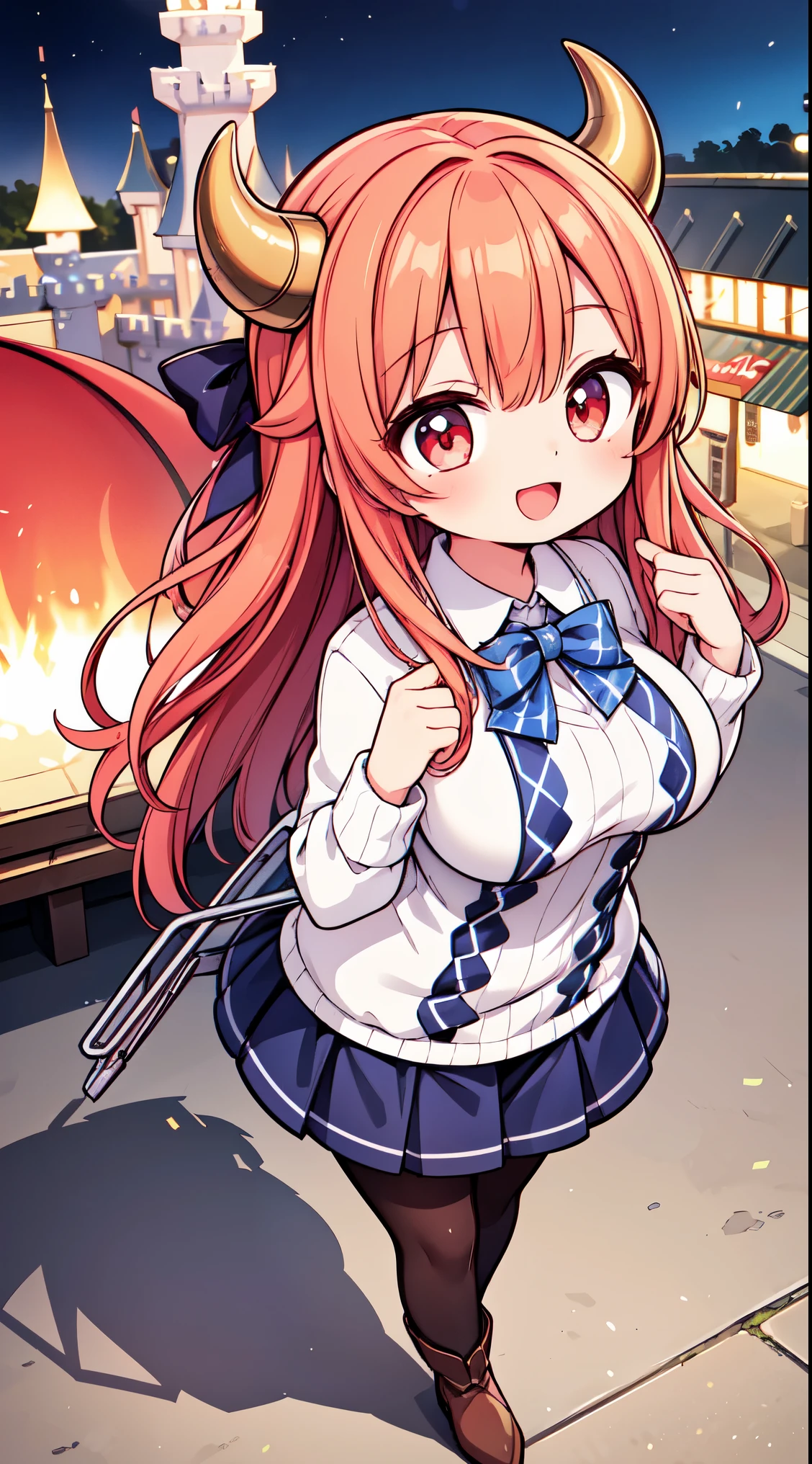 (super fine illustration:1.2),(masterpiece, 8k), (best quality, high quality:1.4), perfect anatomy, hyper detailed, ultra detailed,masterpiece background,beautiful detailed background, v8k wallpaper,perfect design,award-winning art,atmospheric,
BREAK, 1 beautiful girl, (Beauty:1.5),(Chibi:0.5),(kawaii:2.0),(Cool:2.0),(17 year old girl),(Solo:1.65),BREAK, (huge-breasted:1.35), Clear skin, Beautiful skin, Shy, 1 beautiful woman,Demons,Colossal tits(Hair Bow, Red hair, Long hair, flipped hair, hair messy,Wings of an angel on the back, Demon King's horn on the head:1.2), (Red Eyes, long eyelashes, Double eyelids: 1.2), Shiny skin,de pele branca,dial,(best quality face),(Top quality glowing eyes),(Doya face,brave face:1.45),(The best smile,:D:1.45), BREAK,
BRAKE BREAK
((Argyle pattern:1.2) knit long sleeve sweater in red, white, green and brown),
BREAK
red pleated skirt, pantyhose, fur ankle boots, full body,
BREAK (Disneyland white Cinderella castle behind:1.3),(town street:1.3),(stall, cart:1.25), (Disneyland Parade background:1.3),detailed confetti in the air,festival,(glitter:1.2), (light sparkles:1.2),night scene, (night sky:1.1),fine weather,(Crowded, bustling with people in the distance :1.15),fireworks,
BREAK,wakame,wakame,wakame,(from above,cowboy shot:1.5) , nose blush, heavy breathing, steam, ((:o):1.2),walking,
BREAK, ,(Blurry background:1.3),(absurderes, hight resolution, Super Detail Art),cel shading,Clear Color, Lonely optical effect, Beautiful pictures, Bright glow, mystic atmosphere,(Close-up of girl:0.8), Mystical light particle effect,manga influence, clean line drawings,