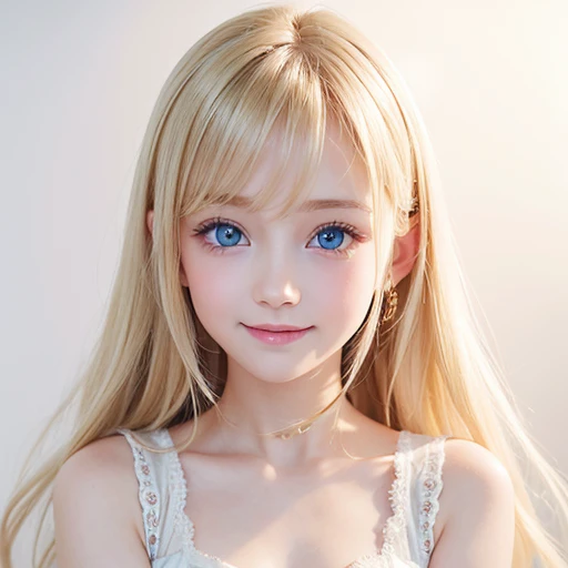 shiny skin、 Very cute and beautiful face、Shiny and very beautiful bright white skin、very beautiful and cute pale blue eyes、Beautiful very long shiny blonde hair with golden shine、one little very beautiful cute young girl、10 talents、Beautiful cute bright look、Clear double eyelids、(Very happy smile 1.5)、Embarrassed blush